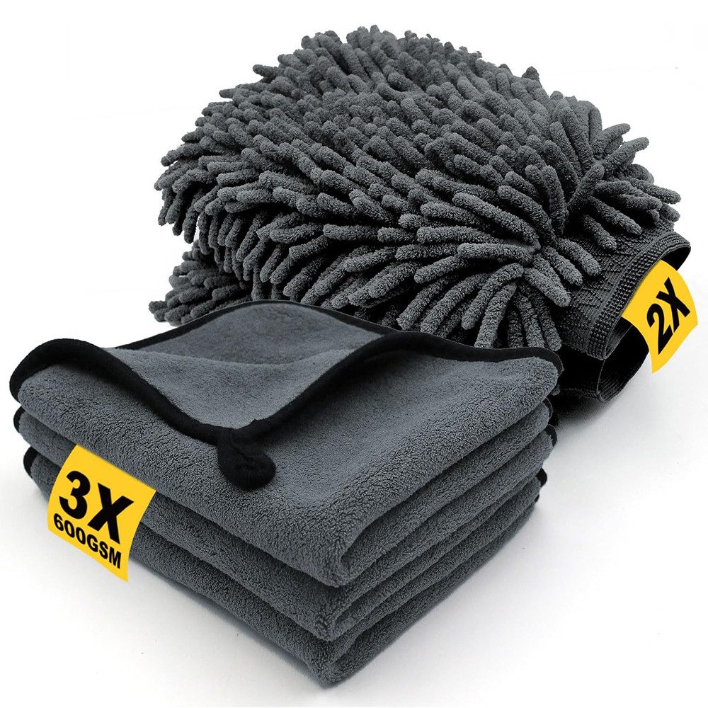 TUWENA 5 Stück Autopflege Set, Auto Trockentuch, Extra Saugstark & Polieren Mikrofasertuch (5-tlg., Mit 3 Mikrofasertücher & 2 Mikrofaserhandschuh, 100% Kratzfrei)