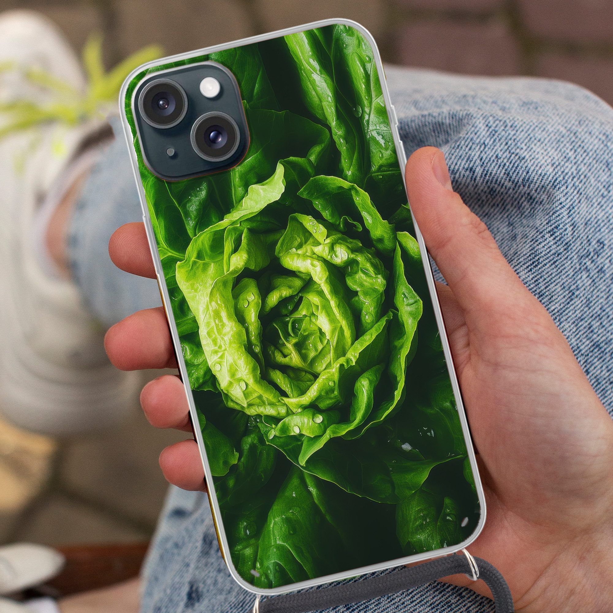 MuchoWow Handyhülle für Apple iPhone 15 Gemüse - Kopfsalat - Grün, Tragbare Handyhüllen mit Kette zum umhängen, Handykette Handyband