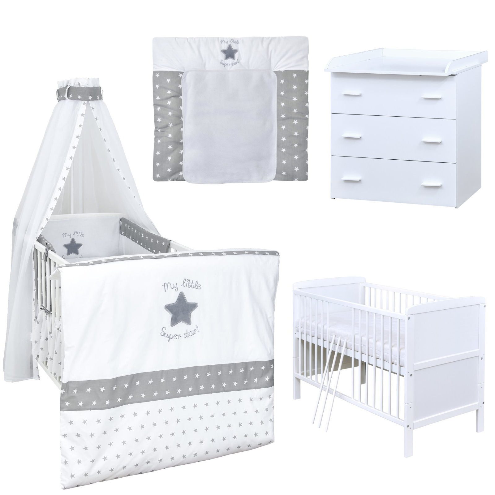Baby-Delux Babyzimmer-Komplettset Babyzimmer 140x70 weiß Komplettset, (13-tlg), Babybett Wickelkommode Bettwäsche Set Komplettzimmer