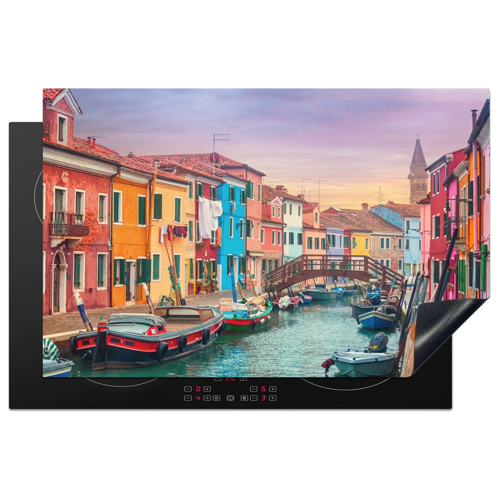 MuchoWow Herdblende-/Abdeckplatte Kanal durch die Insel Burano mit den bunten Häusern, Vinyl, (1 tlg), 81x52 cm, Induktionskochfeld Schutz für die küche, Ceranfeldabdeckung