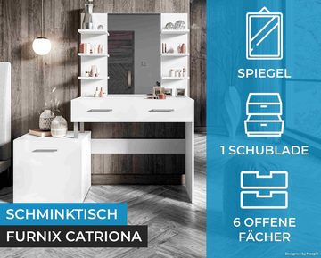 Furnix Schminktisch CATRIONA Frisiertisch mit Spiegel Seitenschrank & Ablagen Weiß, B140 x H145 x T43 cm, Stauraumwunder, dekorativ, made in Europe