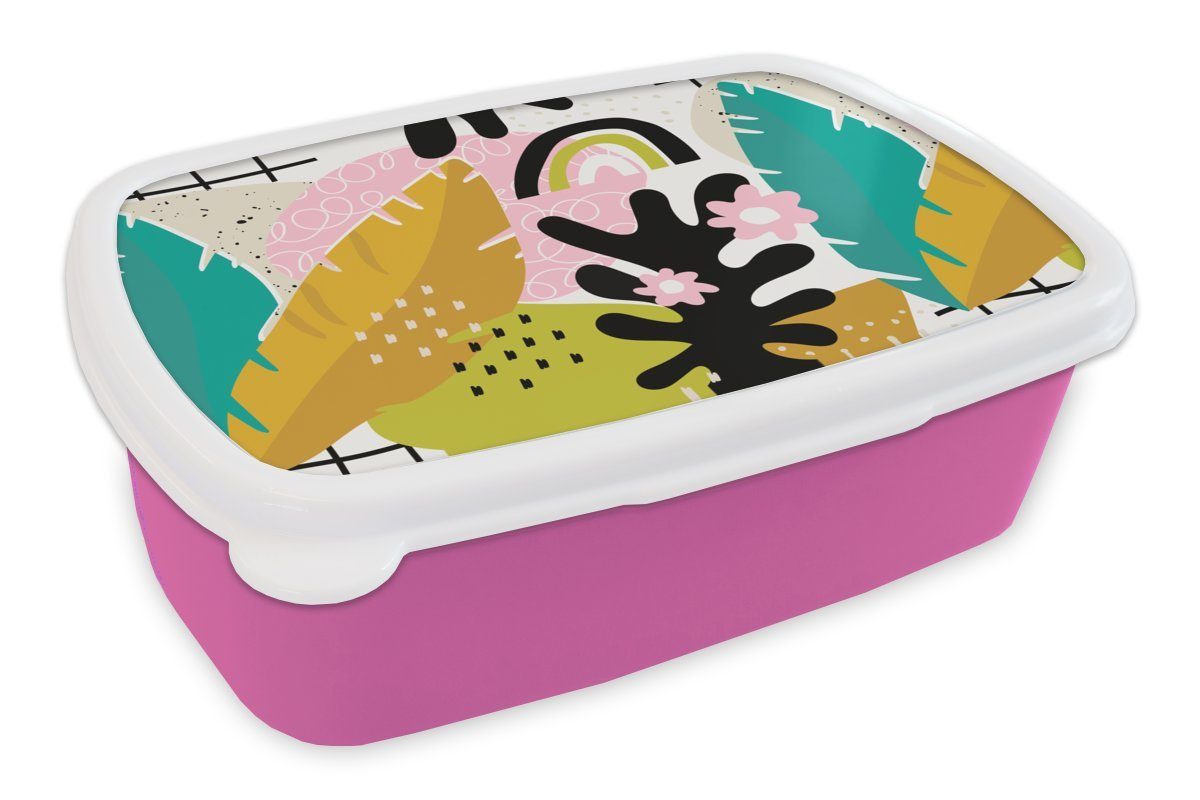 MuchoWow Lunchbox Dschungel - Pflanzen - Muster, Kunststoff, (2-tlg), Brotbox für Erwachsene, Brotdose Kinder, Snackbox, Mädchen, Kunststoff rosa