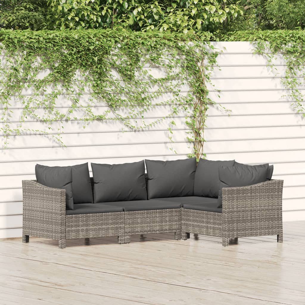 vidaXL Gartenlounge-Set 4-tlg. Garten-Lounge-Set mit Kissen Grau Poly Rattan, (1-tlg)