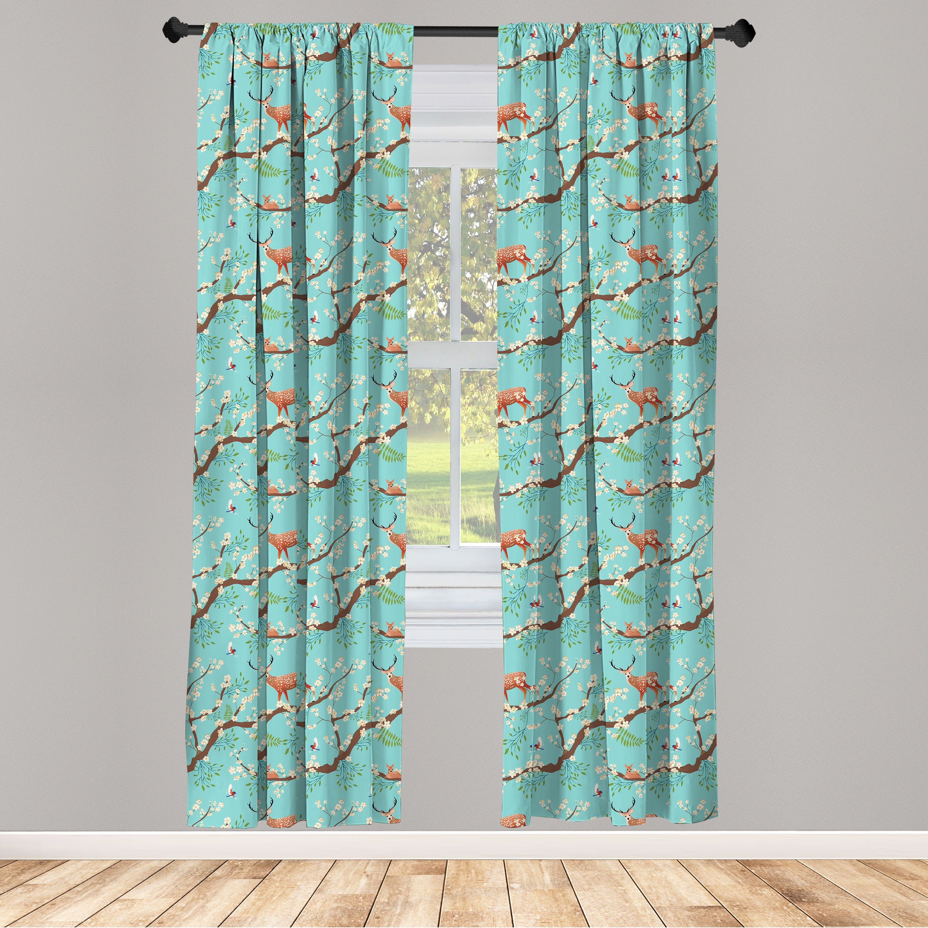 Gardine Vorhang für Wohnzimmer Schlafzimmer Dekor, Abakuhaus, Microfaser, Wald Vogel Sika Deer japanische Kunst