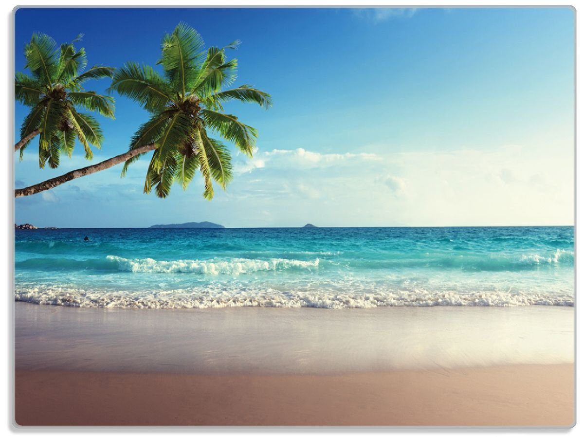 Wallario Schneidebrett (inkl. Seychellen Sandstrand 4mm, Palmen, rutschfester 30x40cm 1-St), - ESG-Sicherheitsglas, auf Urlaub den unter Gummifüße