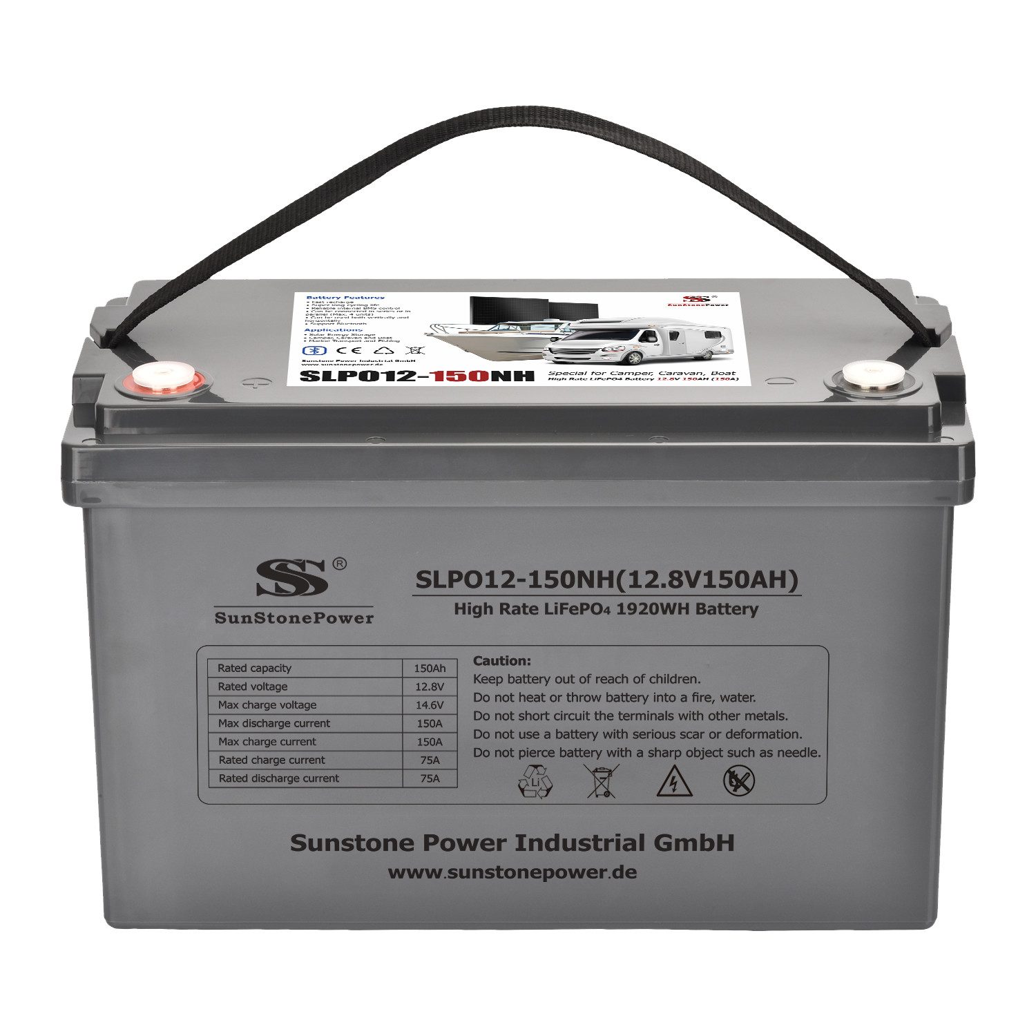 Sunstone Power 12V 150AH LiFePO4 Akkumulator Solarbatterie für Inselanlagen, 0% MWST Solarakkus 150000 mAh (12 V), High-Rate, Extrem zyklenfest, mit Bluetooth & BMS