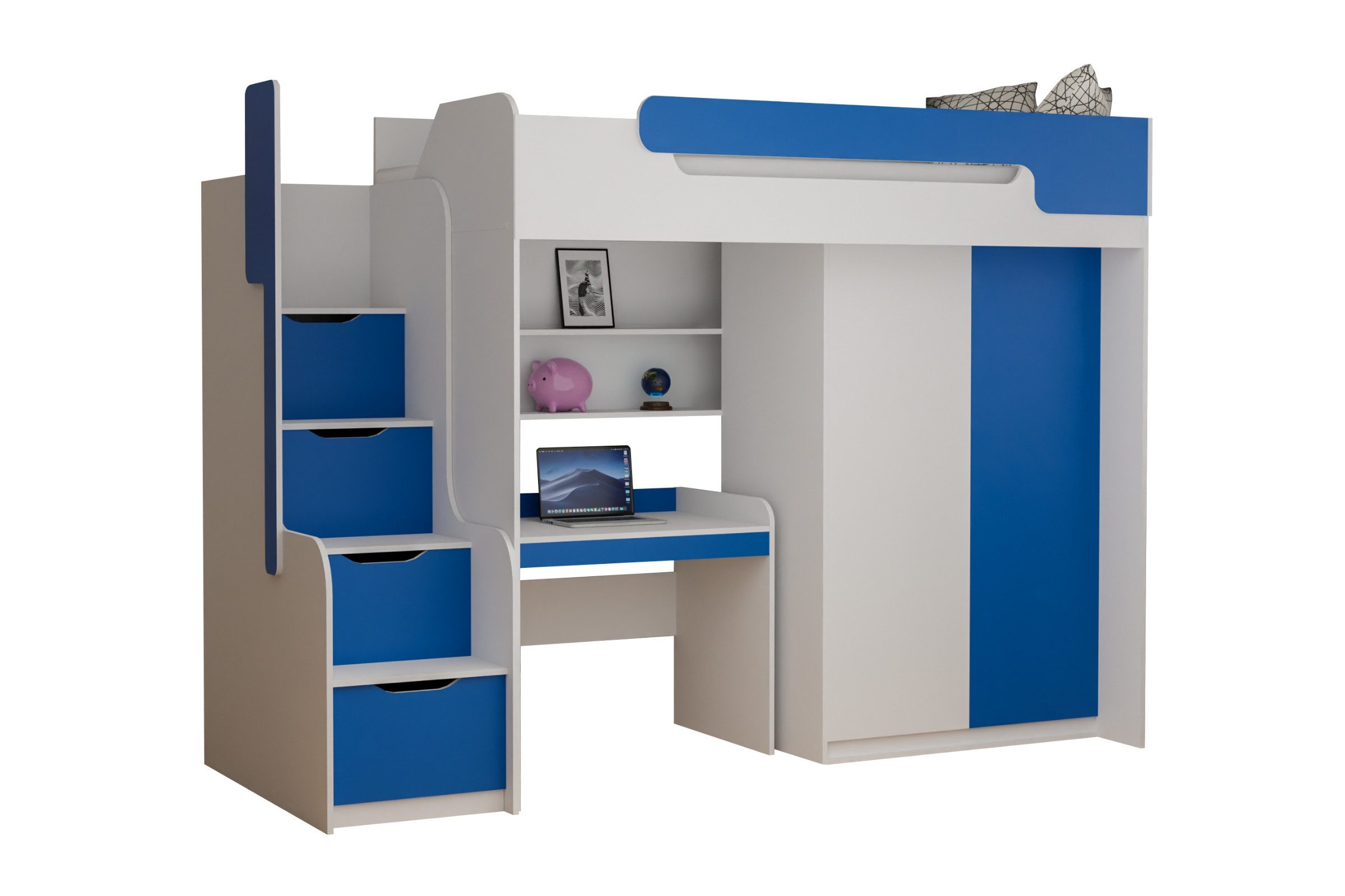 Deine Möbel 24 Hochbett ARTHUR Kinderbett mit Treppe und Stauraum, 90x200 cm (ideal für Kinderzimmer & Jugendzimmer, 1-St., Weiß Eukalyptus Eiche Rosa Blau Anthrazit, praktisch & platzsparend) Multifunktionsbett Jugendbett inkl. Kleiderschrank & Schreibtisch
