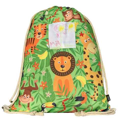 HECKBO Turnbeutel Mädchen Kinder Jungen Turnbeutel inkl. Sichtfenster für Bilder & Fotos - Dschungel - waschmaschinenfest - 40x32cm - Kindergarten - Rucksack, Tasche, Sporttasche Kinder, Sportbeutel