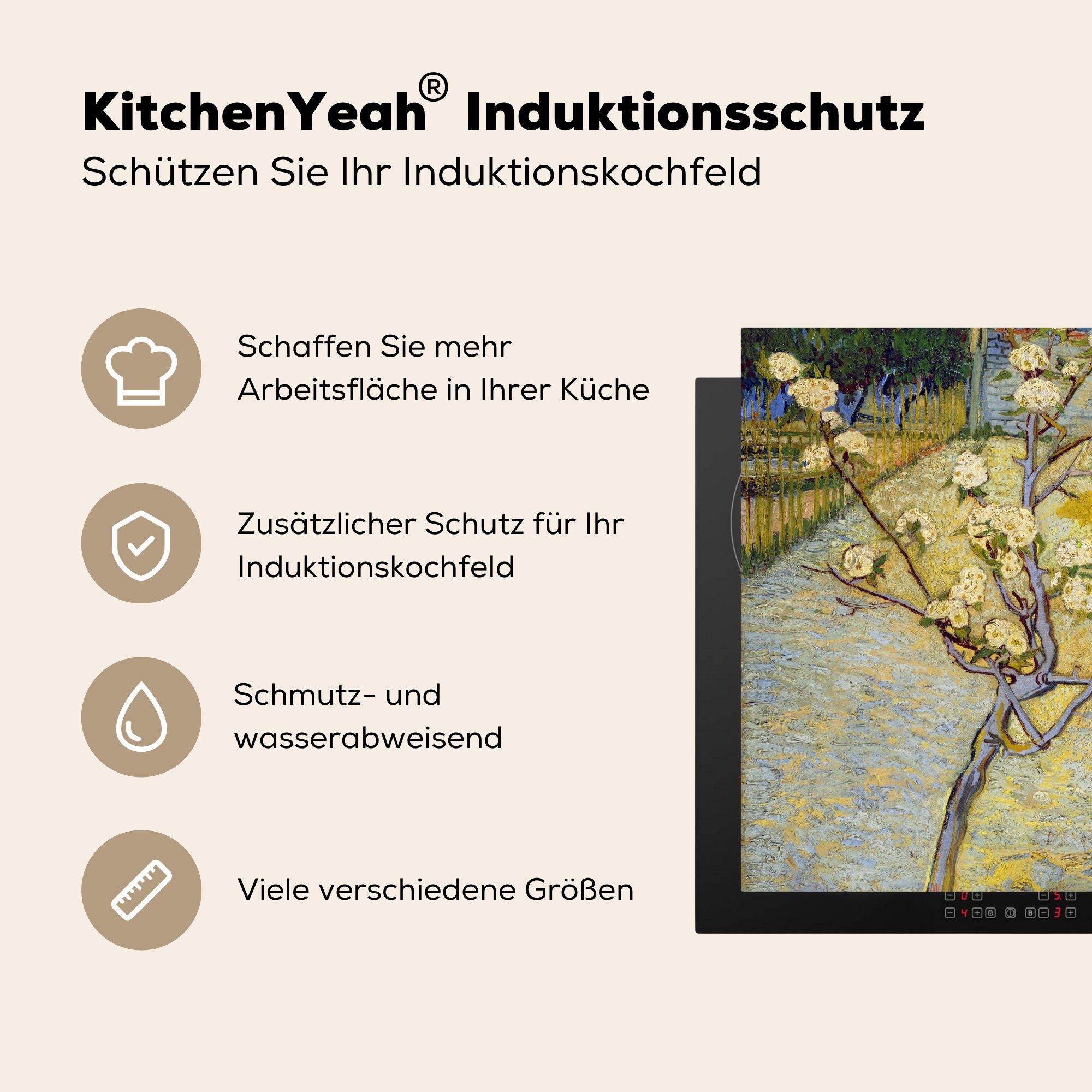 (1 - Vincent MuchoWow Blühender Vinyl, für 78x78 Birnbaum küche tlg), cm, Herdblende-/Abdeckplatte Gogh, Arbeitsplatte van Ceranfeldabdeckung,