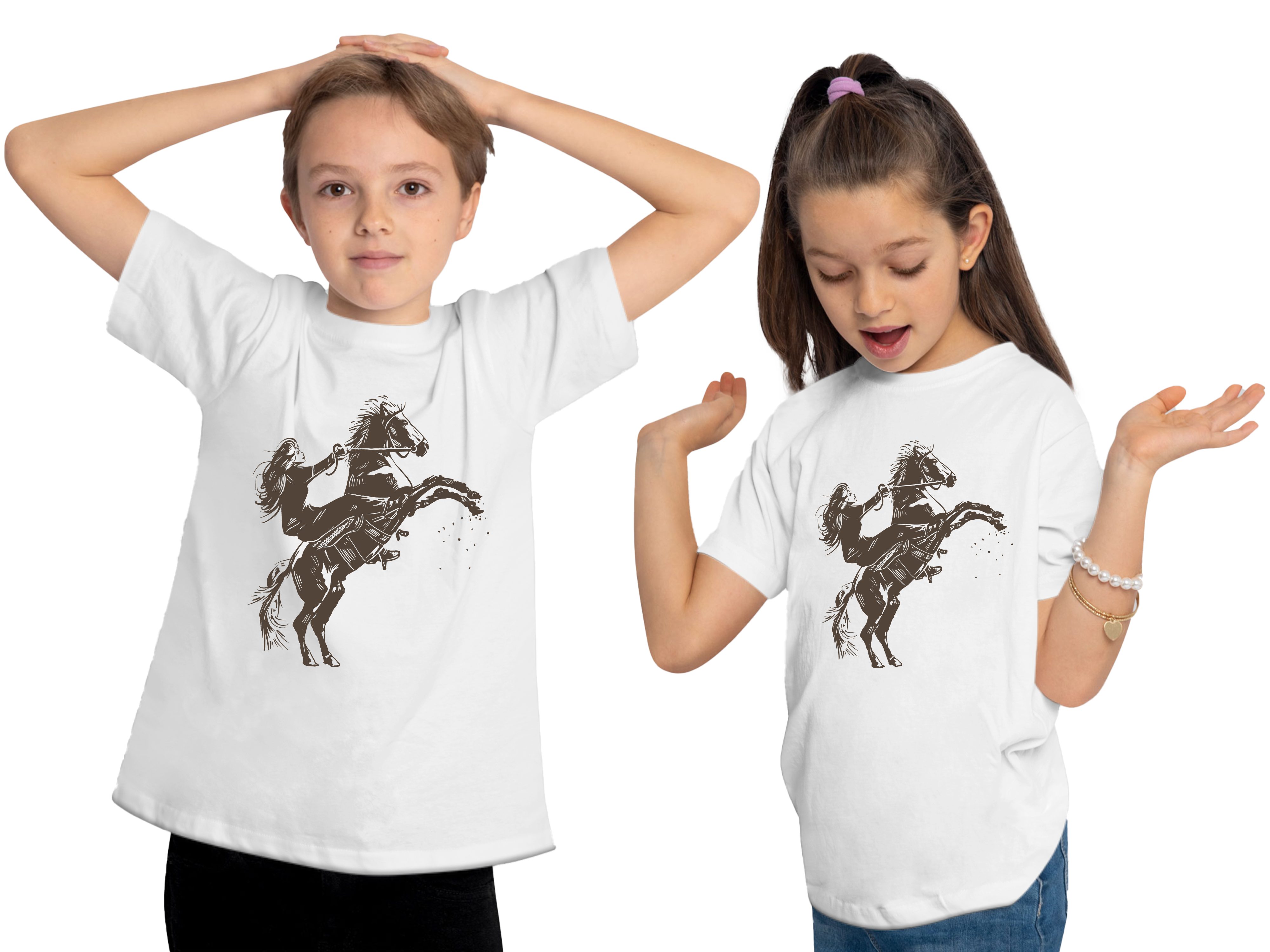 T-Shirt Pferd - Baumwollshirt mit Kinder Reiter Aufsteigendes Aufdruck, MyDesign24 Pferde bedruckt mit i252 weiss Print Shirt
