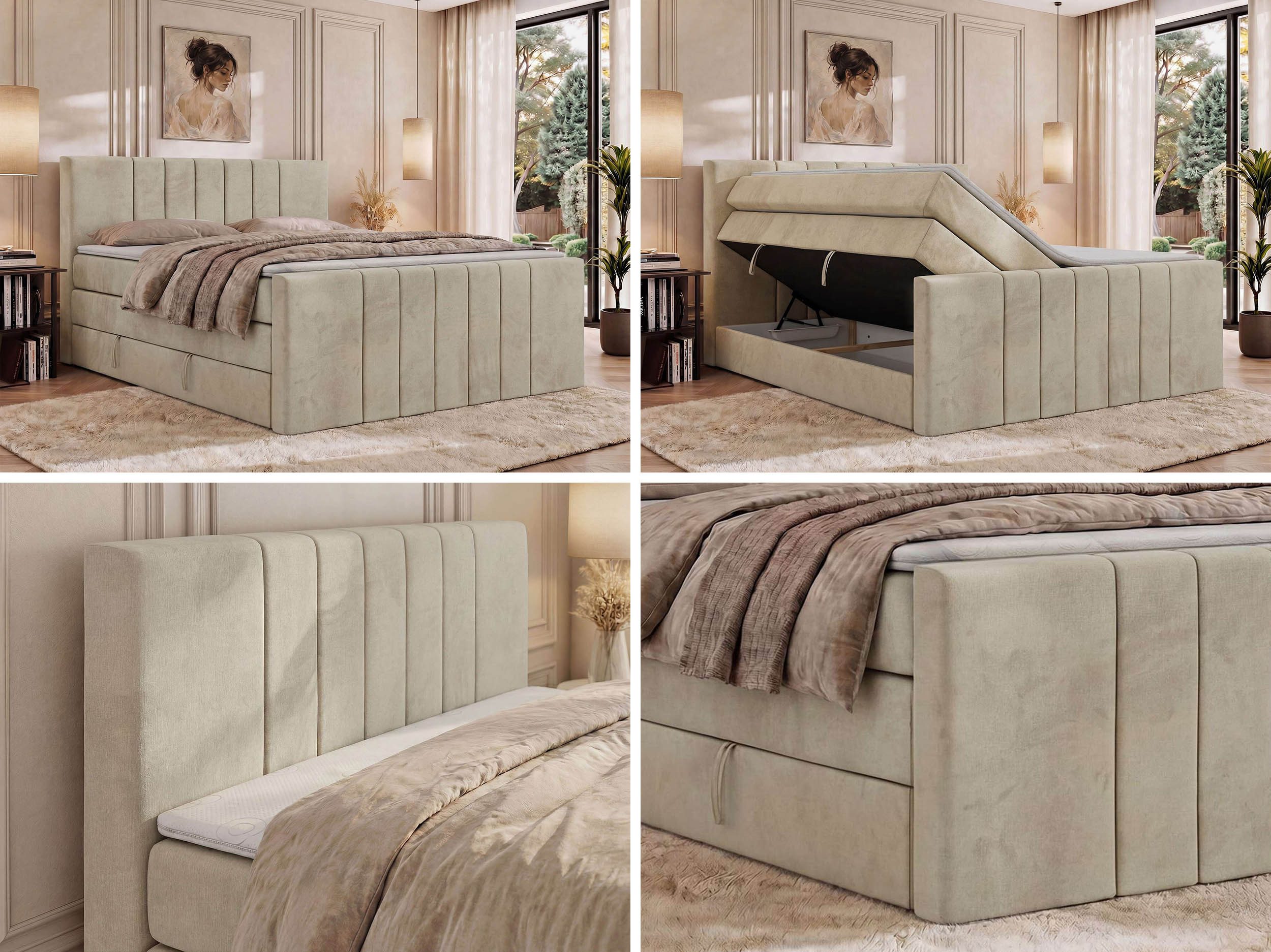 MKS MÖBEL Boxspringbett INERO KING DUO (Packung, Topper T25/ Visco, hohe Kopfteil, Matratzen H3/H4), Doppelbett mit Bettkästen, inkl. Matratzen und Topper, Gasdruckfedern