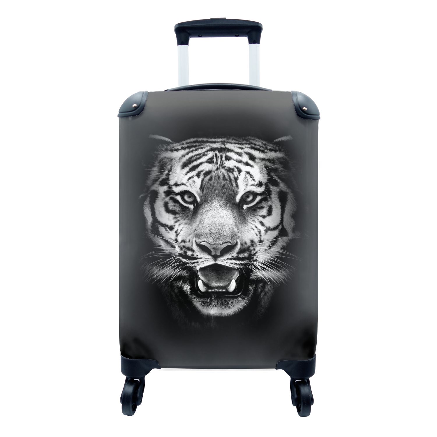 MuchoWow Handgepäck Trolley, Ferien, Hintergrund rollen, Reisetasche schwarz mit für - Handgepäckkoffer vor Reisekoffer schwarzem und weiß, 4 Tigerkopf Rollen,