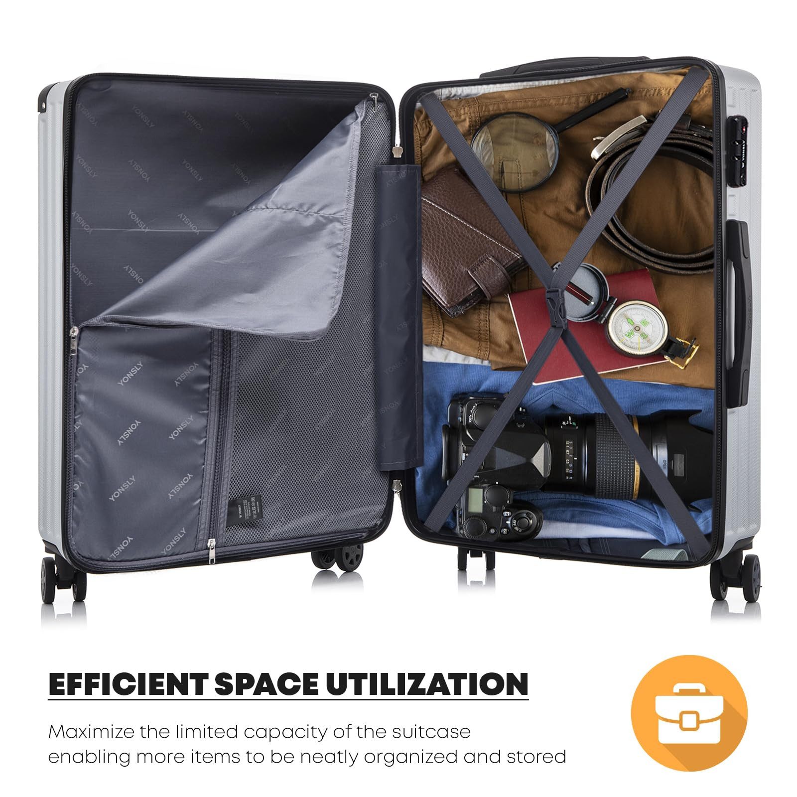 YONSLY Trolley Premium Hartschalen-Reisekoffer Trolley Handgepäck, 4 Rollen, TSA-Schloss, YKK-Reißverschluss, ABS-Hartschale, Aluminium – Bild 3 von 5