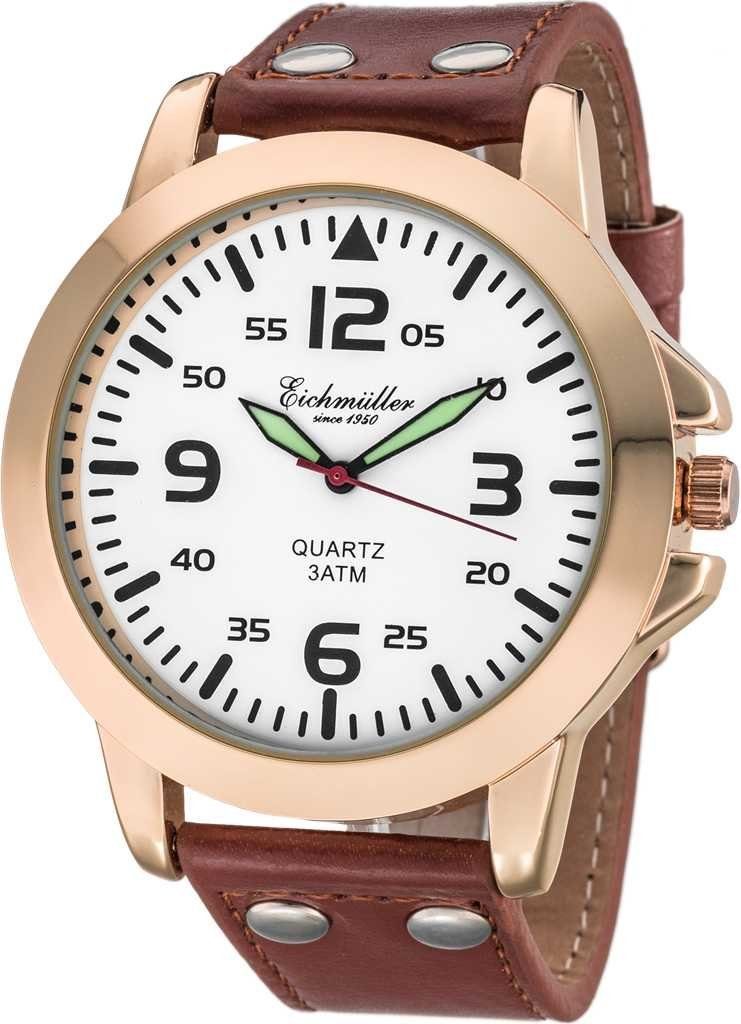 Eichmüller Quarzuhr Herrenuhr mit weißem Zifferblatt & braunem Lederarmband (45 mm) RE1013