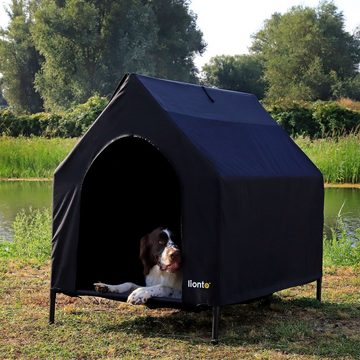 lionto Hundehütte Erhöhte Hundeliege mit Dach, schwarz, 130 cm x 85 cm x 113 cm