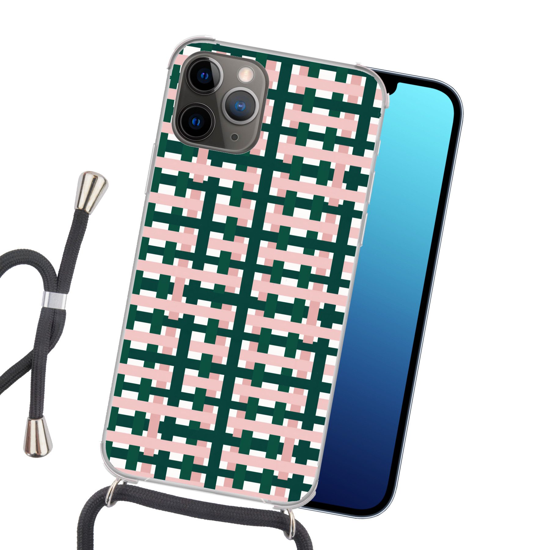 MuchoWow Handyhülle für Apple iPhone 13 Pro Zopfmuster - Grün - Rosa - Grafik, Tragbare Handyhüllen mit Kette zum umhängen, Handykette Handyband