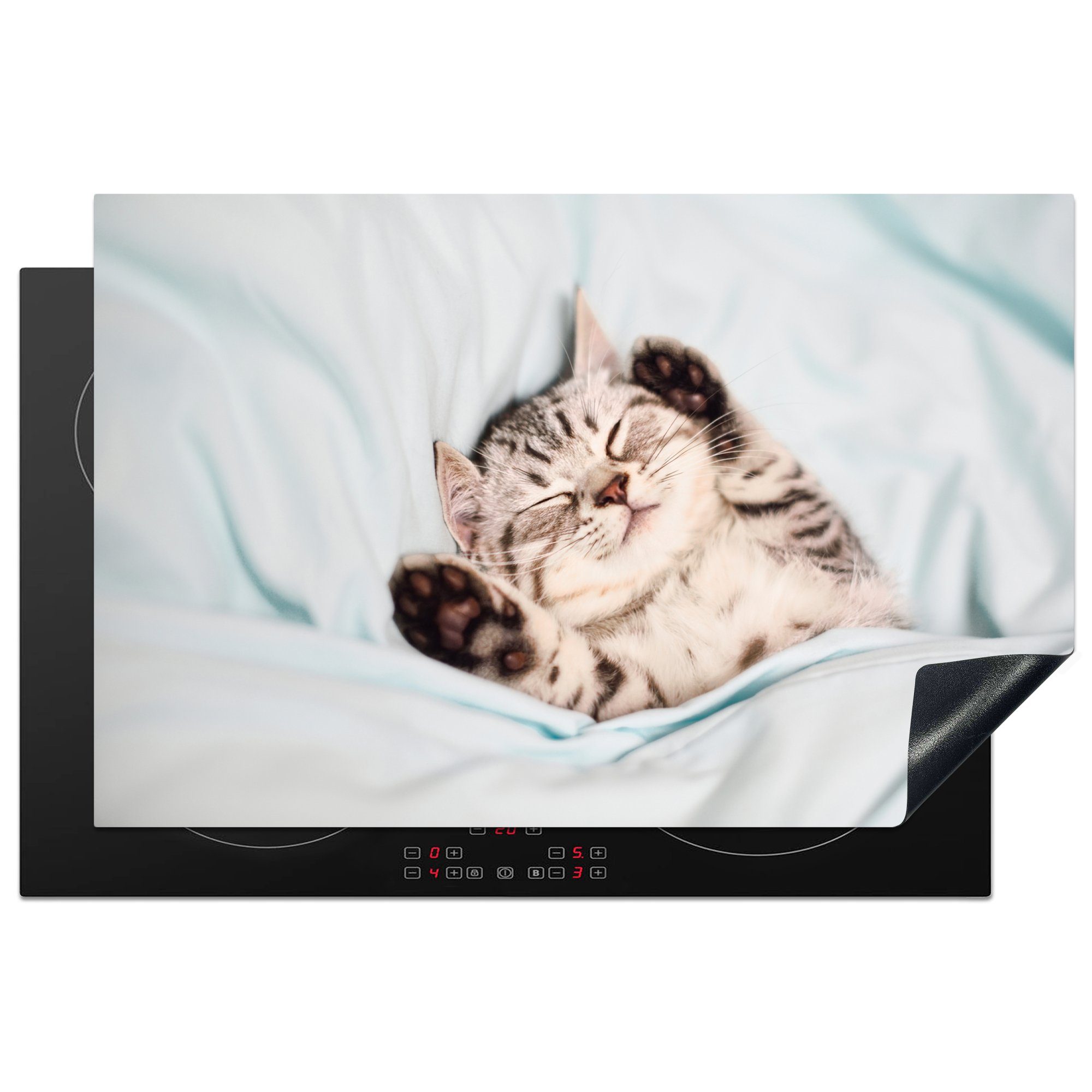 MuchoWow Herdblende-/Abdeckplatte Schlafendes Kätzchen auf einem Teppich, Vinyl, (1 tlg), 81x52 cm, Induktionskochfeld Schutz für die küche, Ceranfeldabdeckung