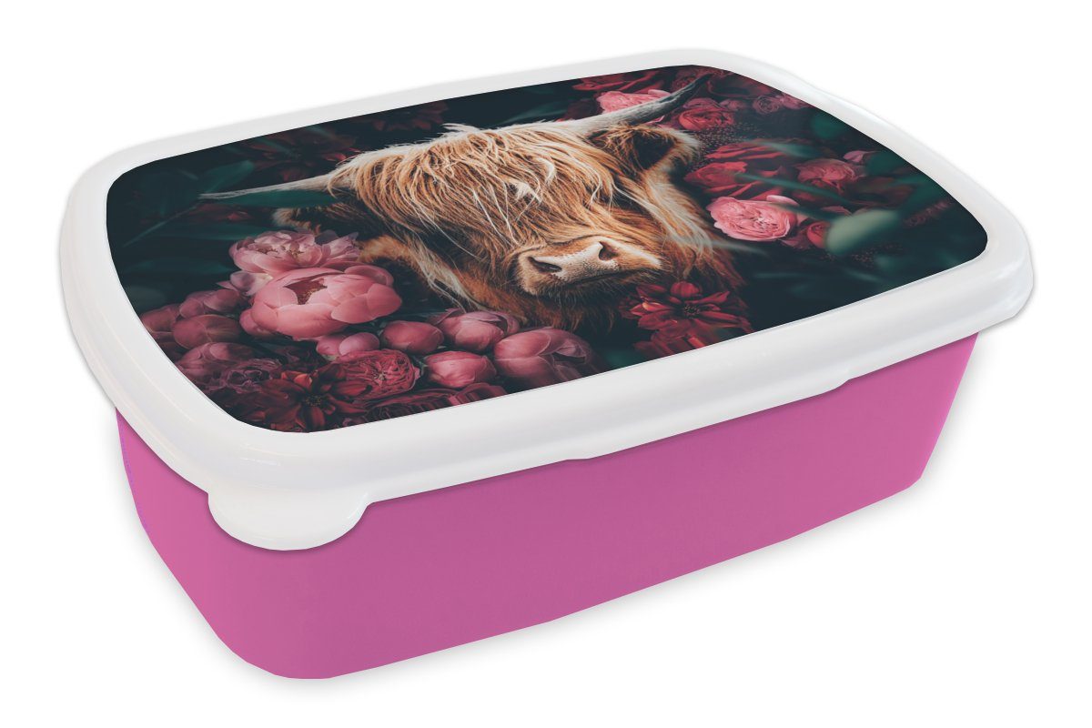 MuchoWow Lunchbox Kuh - Schottischer Highlander - Blumen - Botanisch, Kunststoff, (2-tlg), Brotbox für Erwachsene, Brotdose Kinder, Snackbox, Mädchen, Kunststoff rosa | Lunchboxen