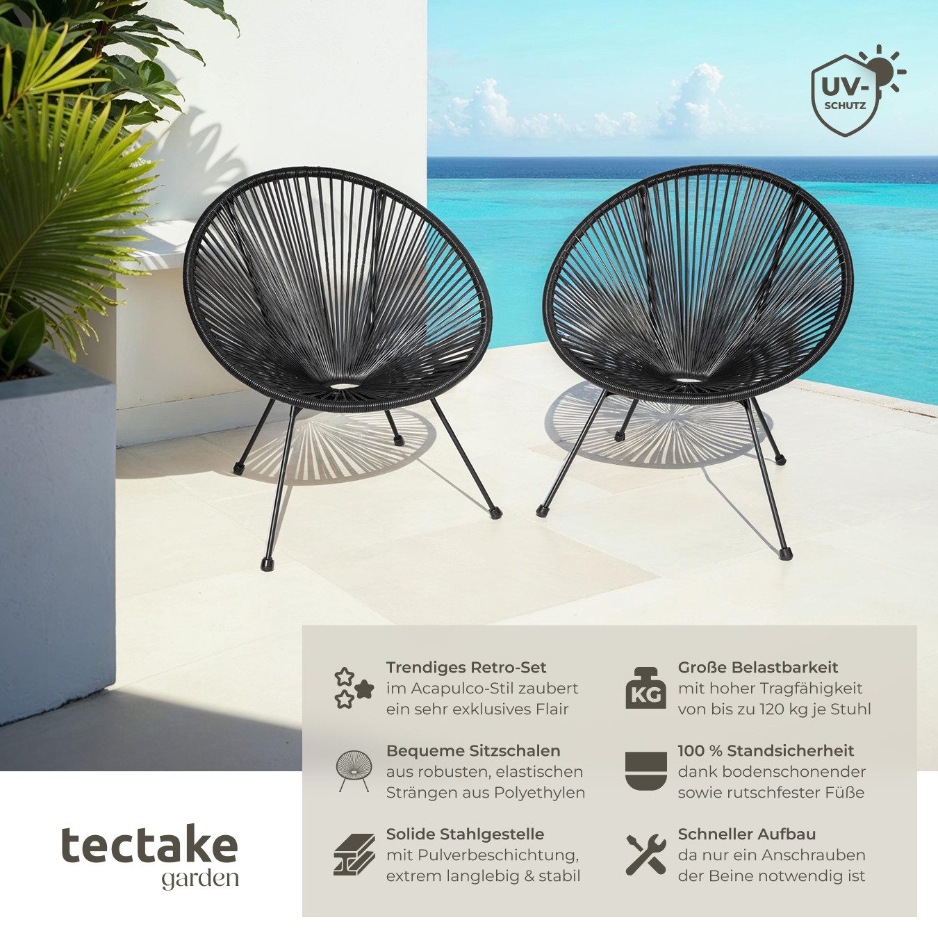 tectake Gartenstuhl Balkonstuhl im Acapulco-Stil, Belastbarkeit 120 kg, 70,5 x 69 x 78 (Terrassenstuhl Santana für Außen in Retro-Design Schwarz, 1 St), widerstandsfähig und UV-beständig, mit Schnurbespannung