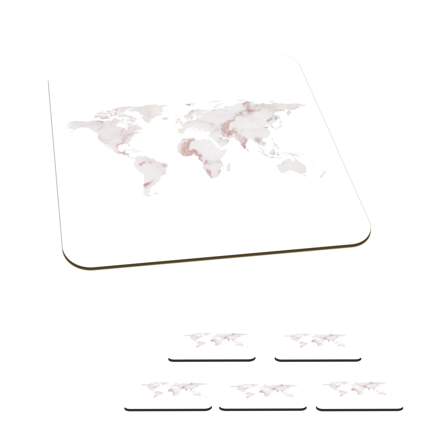MuchoWow Glasuntersetzer Weltkarte - Weiß - Rosa, Zubehör für Gläser, 6-tlg., Glasuntersetzer, Tischuntersetzer, Korkuntersetzer, Untersetzer, Tasse
