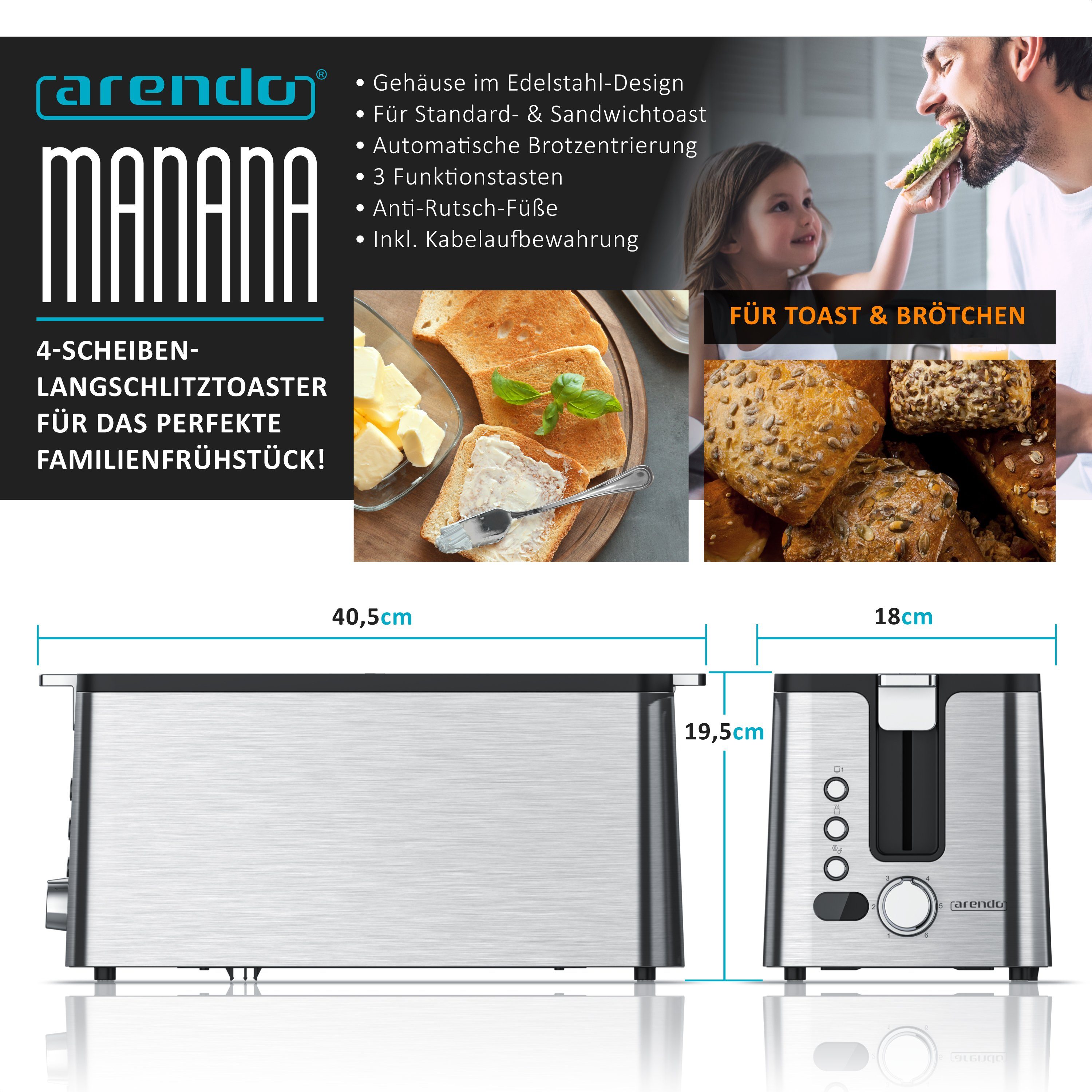 Arendo Toaster Edelstahl, Langschlitz, Display mit Restzeitanzeige, Brötchenaufsatz, 2 lange Schlitze, für 4 Scheiben, 1500 W, Defrost Funktion, Wärmeisolierendes Gehäuse, Krümelschublade