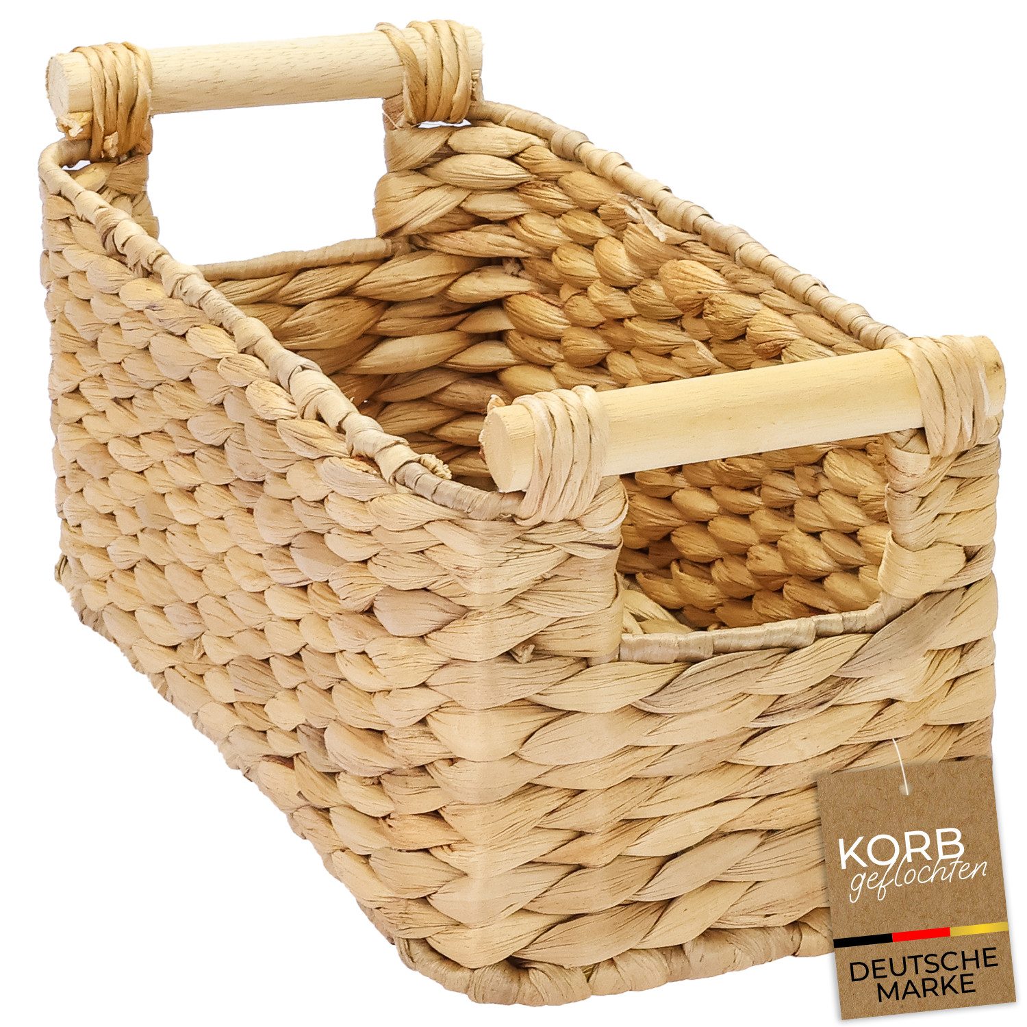 HMF Aufbewahrungskorb Aufbewahrungskorb geflochten aus Wasserhyazinthe, Korb mit (1 St), mit Holzgriffen für Bad, Küche und Wohnbereich, 30 x 15 x 13 cm