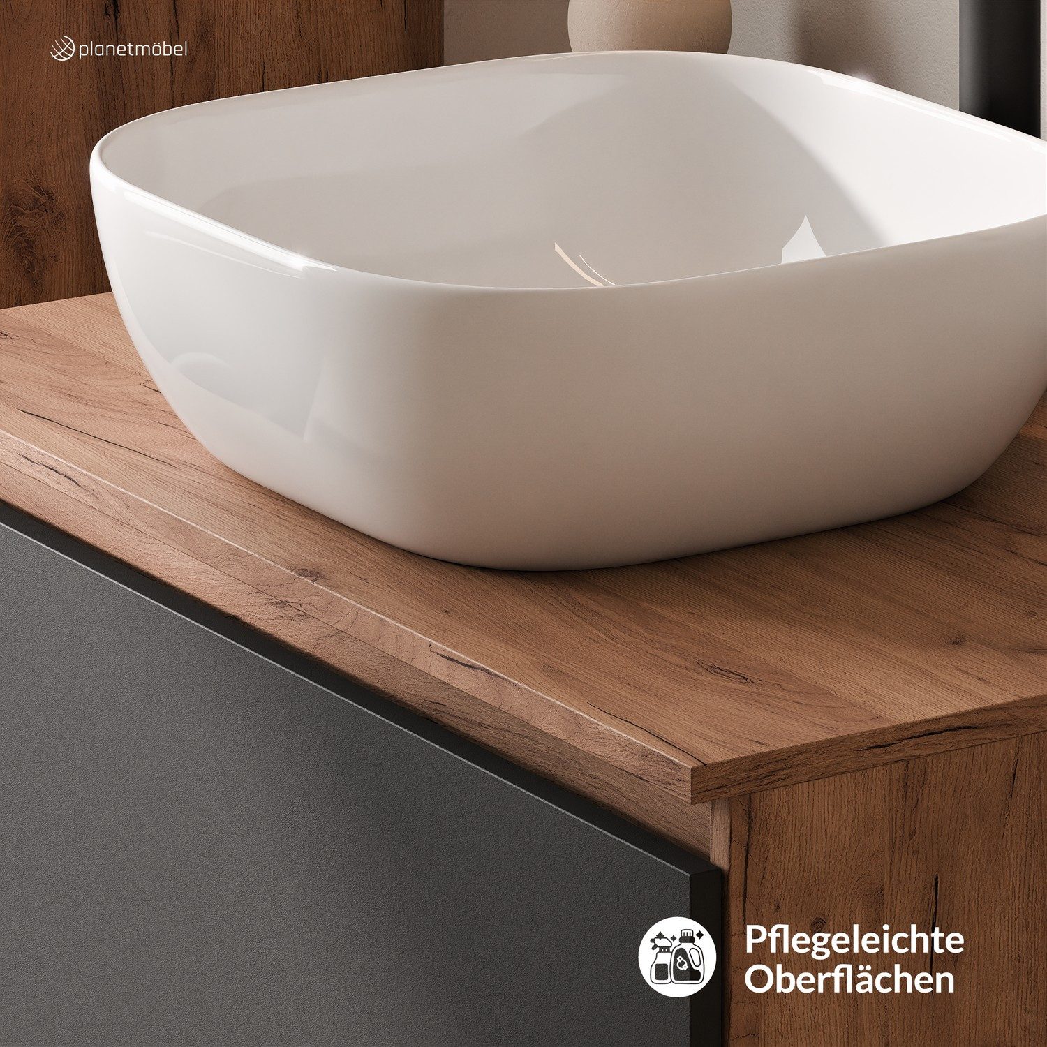 Planetmöbel Waschtisch-Set Arisa 2 teilig, Waschtisch mit Unterschrank 80 cm, Waschbecken 42 cm, (Waschtischunterschrank hängend für Gäste WC & Bad, schwarz, Badmöbel Set mit Waschbecken 42 cm weiß), Schublade mit Soft-Close Funktion