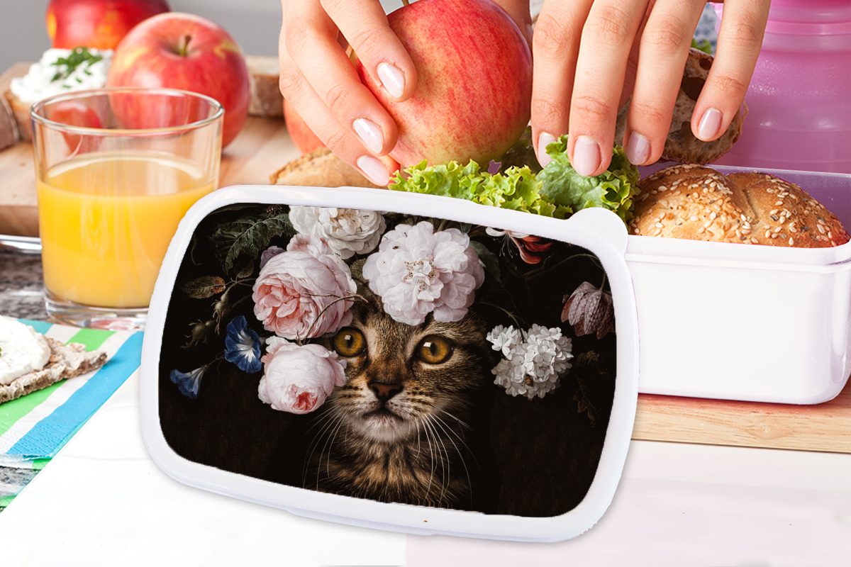 - Brotdose, Erwachsene, Jungs weiß (2-tlg), Kinder Katze MuchoWow Mädchen Brotbox - Lunchbox für und Kunst, für Kunststoff, und Blumen