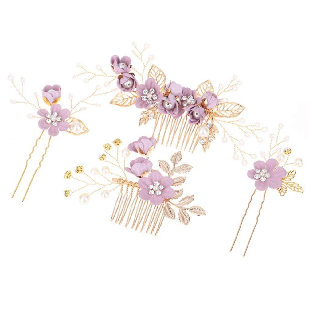 WaKuKa Diadem 4 Stück Hochzeits-Haarkämme, Perlen-Blumen-Braut-Haarschmuck lila
