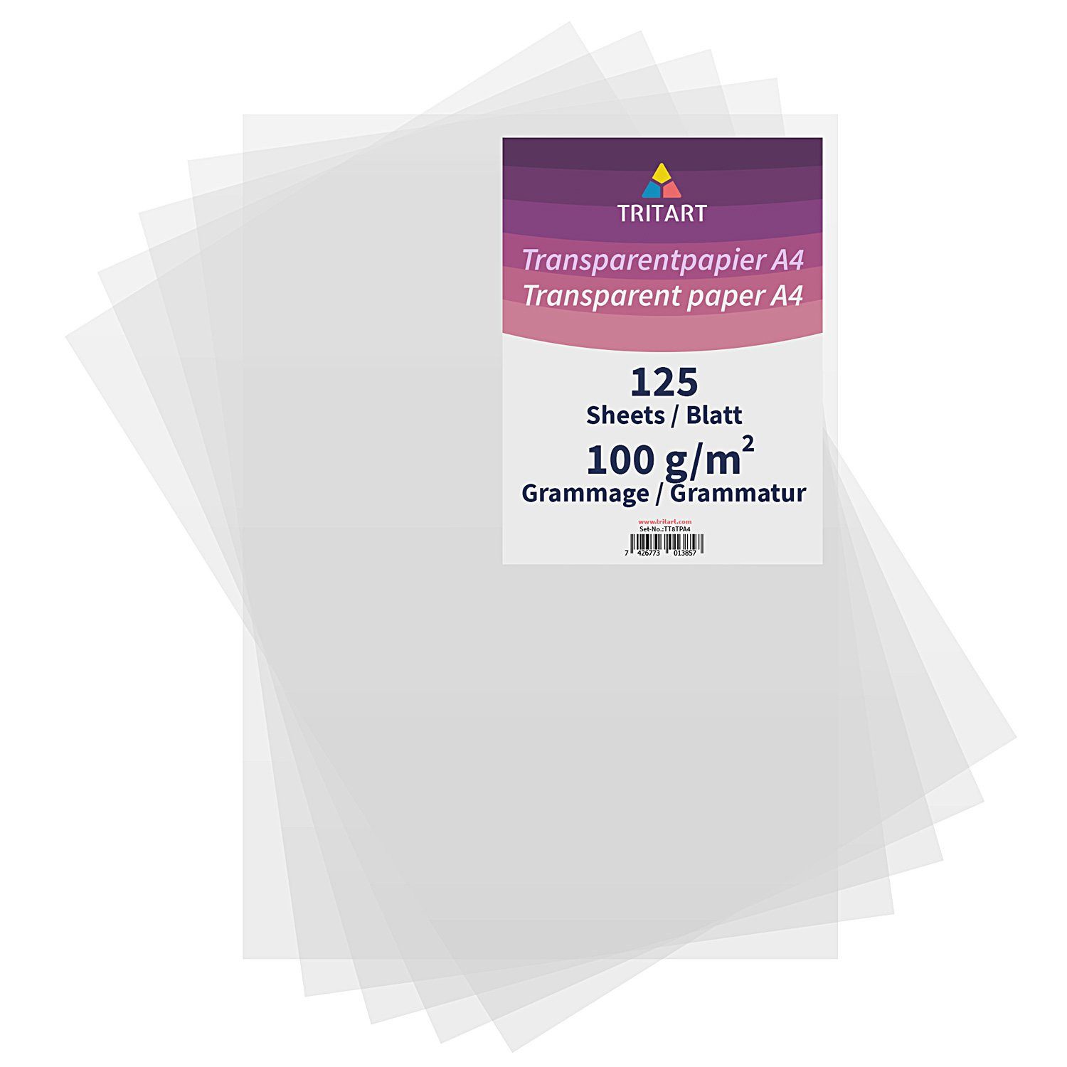 Tritart Transparentpapier Transparentpapier Bedruckbar Weiß DIN A4 Abpauspapier zum Bedrucken, Pergamentpapier 125 Blatt 100g/m² Transparent Papier Bögen
