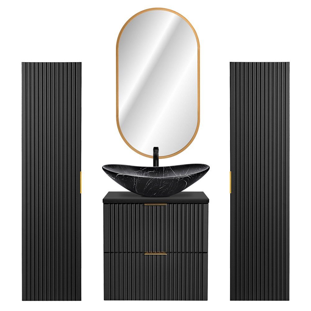 Lomadox Badmöbel-Set ADELAIDE-56-BLACK, (Spar-Set, 4-St), mit marmoriertem Waschbecken matt schwarz gerillt 160/200/46,5 cm
