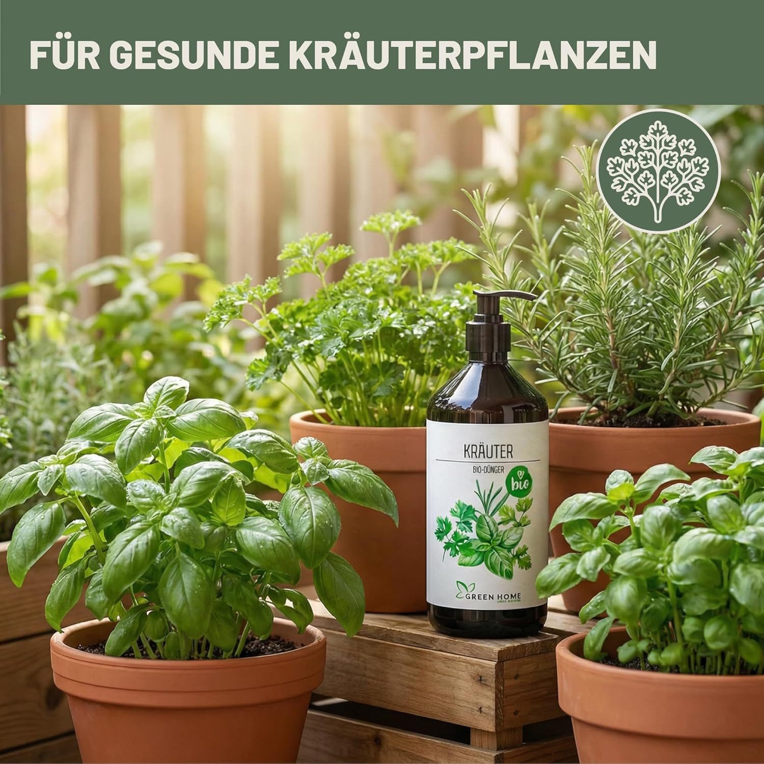 GREEN HOME LOVE NATURE Kräuterdünger Bio-Dünger flüssig NPK 3+2+6 für Kräuter, Basilikum & Rosmarin, Kräuter, 100 % bio, organisch-mineralisch, extra Kalium, Dosierpumpe