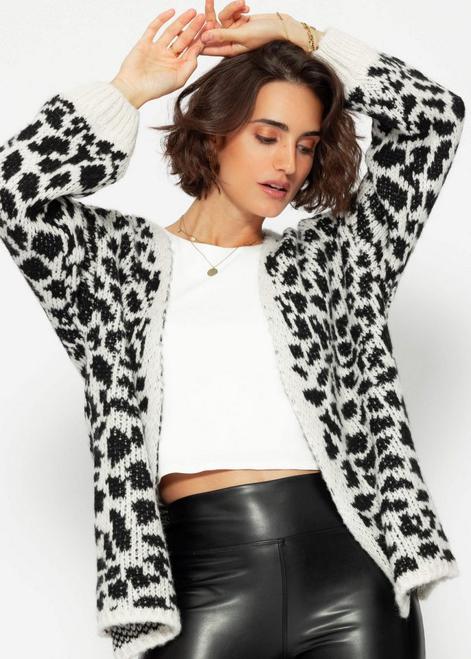 SASSYCLASSY Cardigan Leo-Print Cardigan mit offener Silhouette Schwarz ...