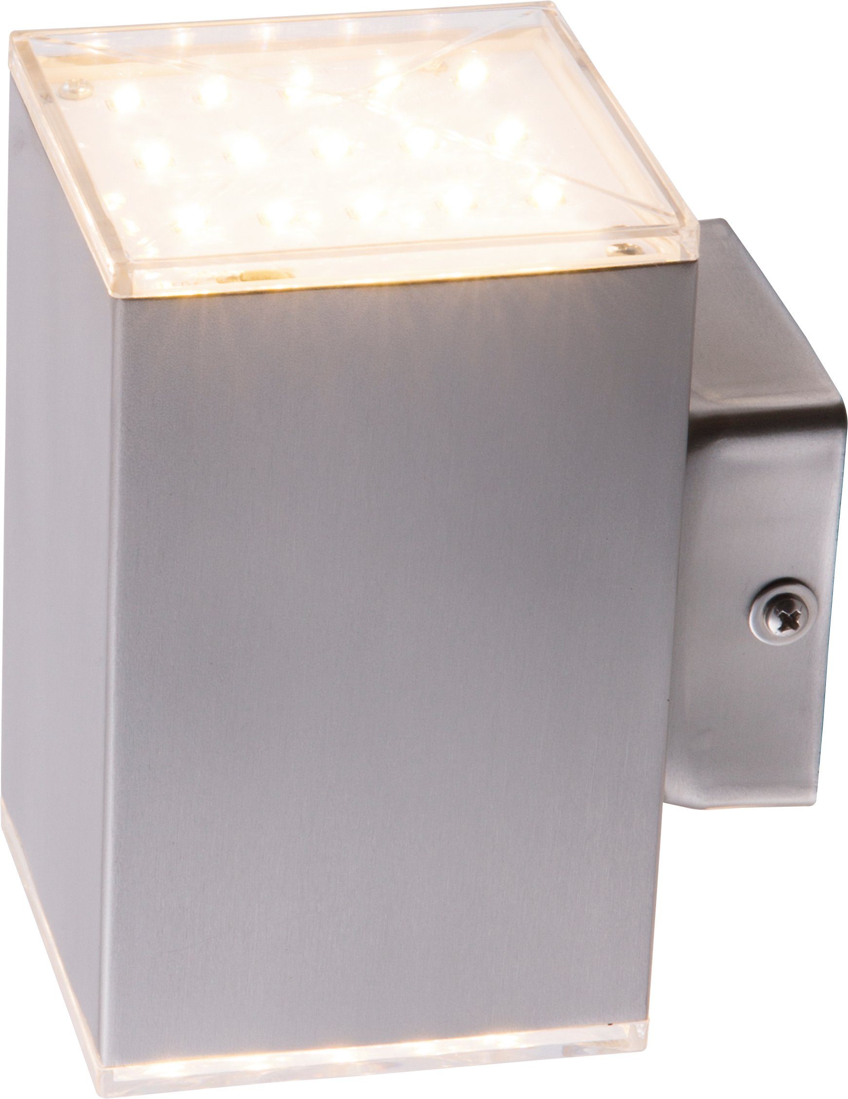 HEITRONIC LED Wandleuchte Kubus, LED aus und nach Wandlampe, Außenlampe,Lichtaustritt Edelstahl unten, oben integriert, Warmweiß, fest