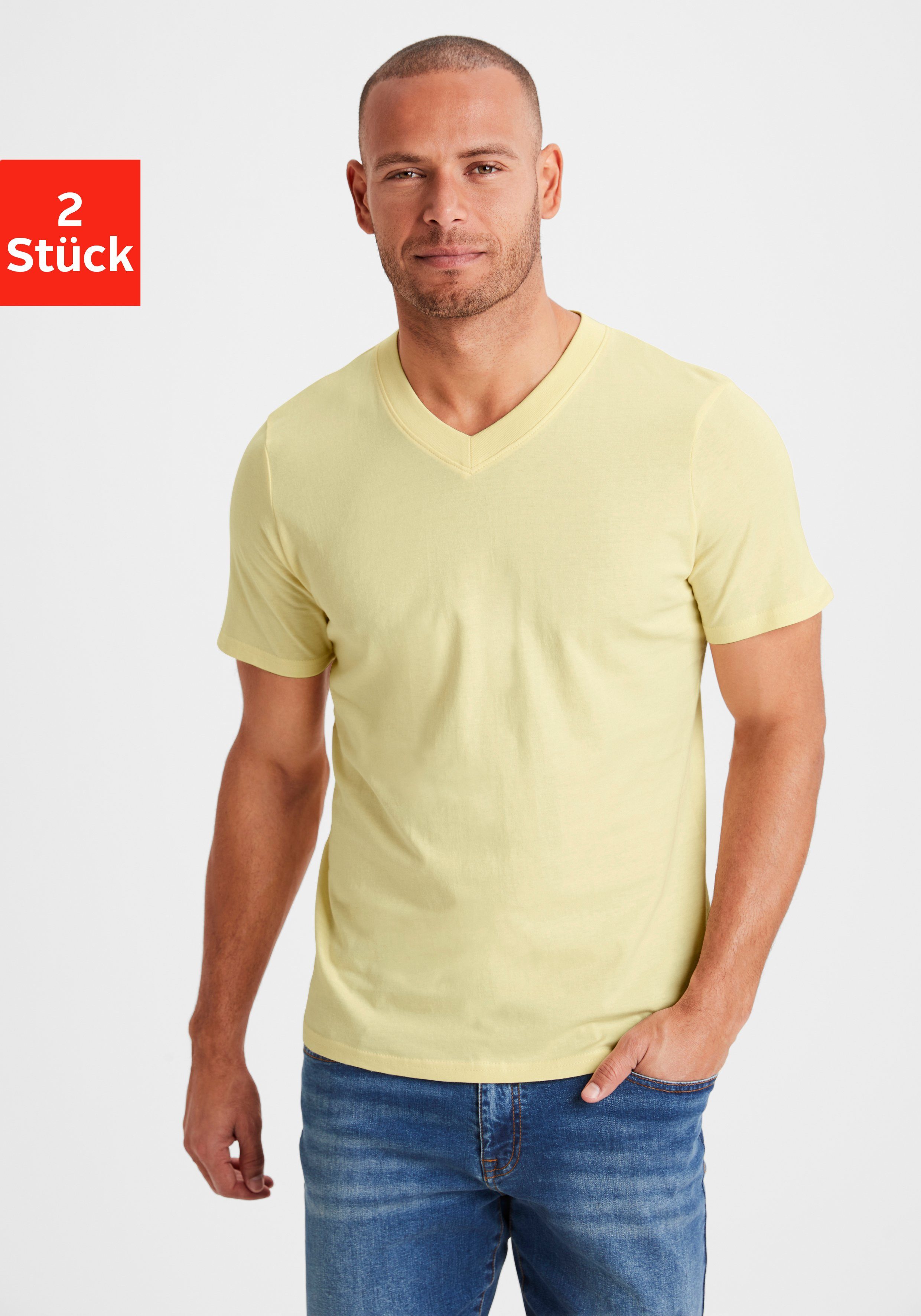 KangaROOS V-Shirt (2er-Pack) ein Must-Have in klassischer Form koralle / gelb
