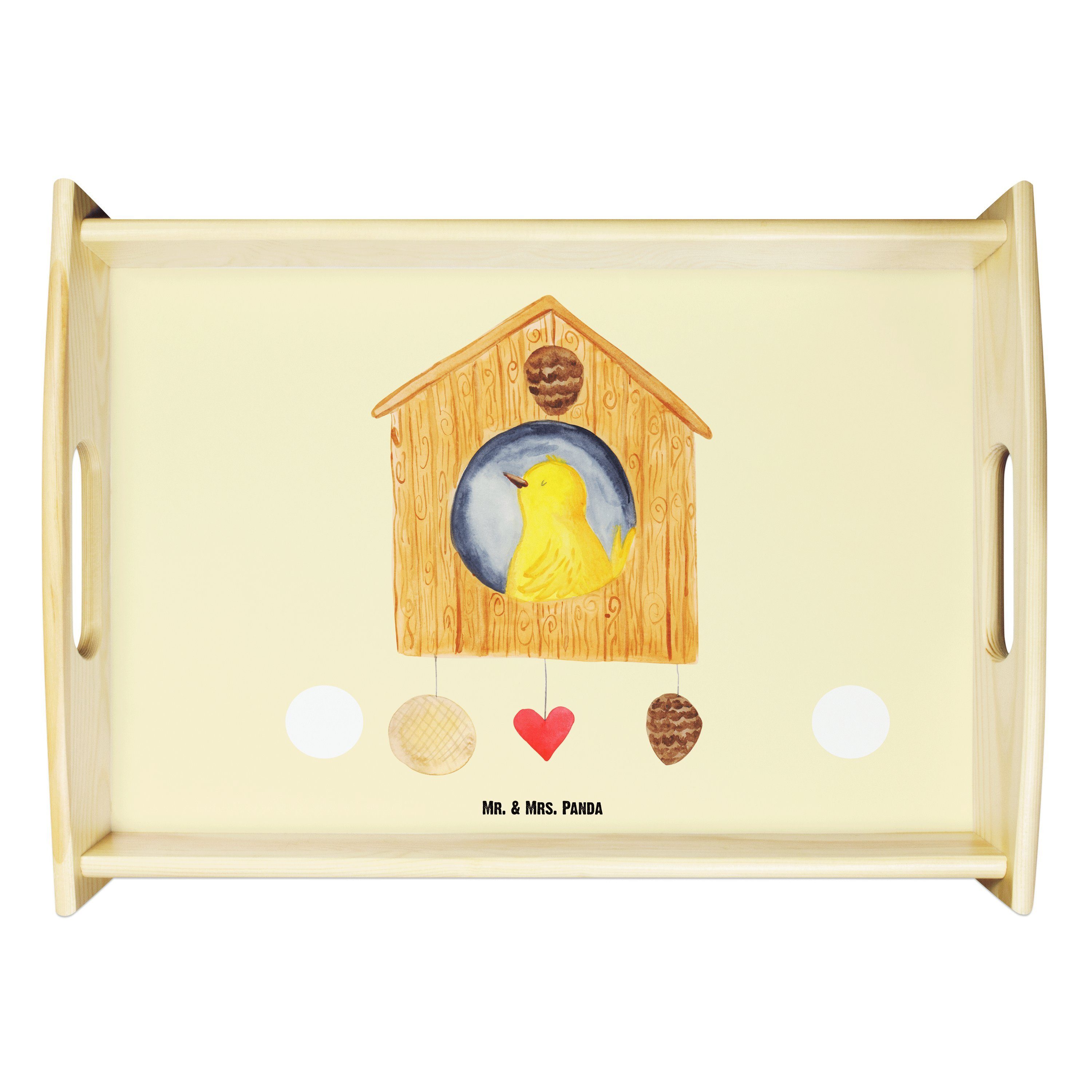 Mr. & Mrs. Panda Tablett Vogelhaus - Gelb Pastell - Geschenk, Tablett, Gute Laune, Dekotablett, Echtholz lasiert, (1-tlg)