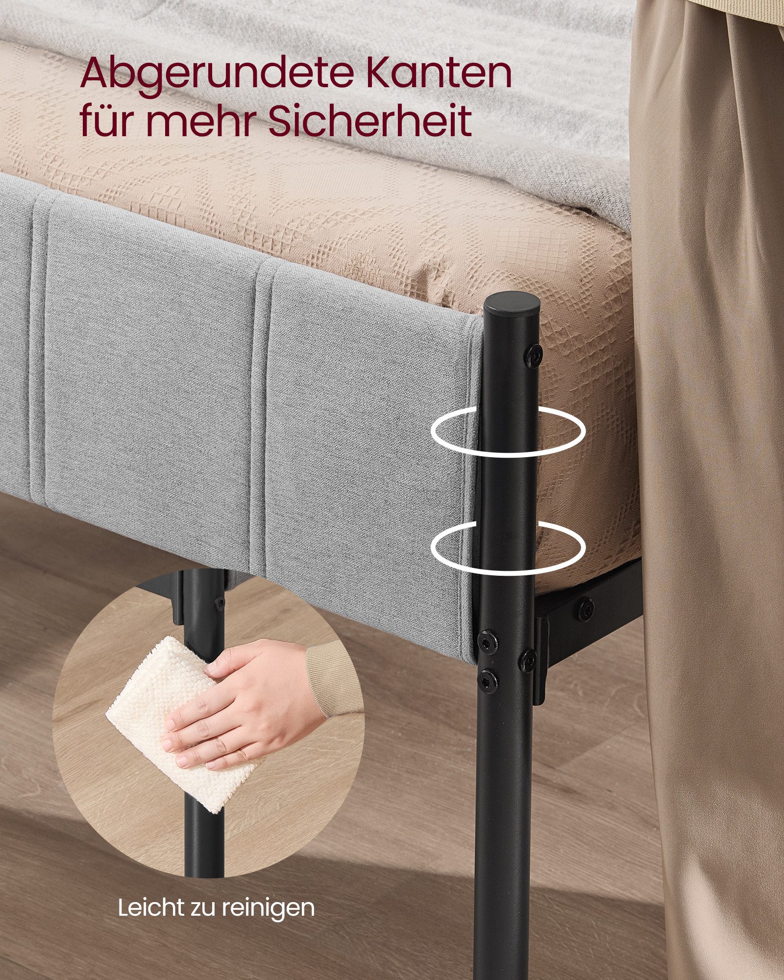 VASAGLE Polsterbett Einzelbettgestell Bettrahmen (160 x 200 cm, geräuschlos), 160 x 200 cm, einfache Montage, mit gepolstertem Kopfteil, Bettgestell – Bild 4 von 5