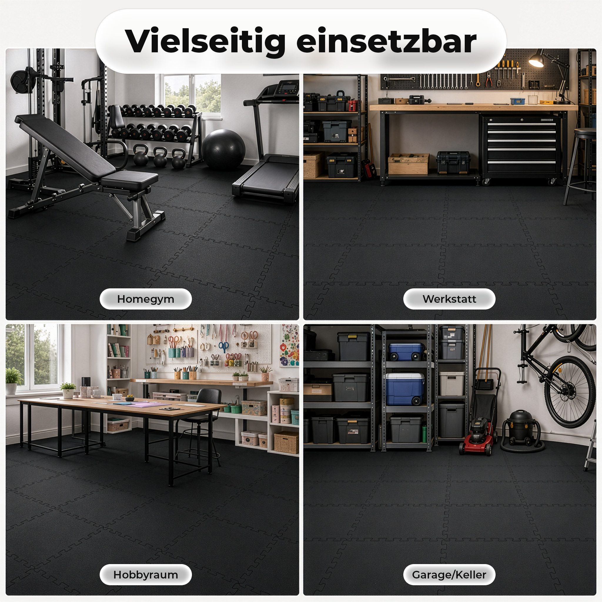 Floordirekt Sportmatte Gummi Steckmatte mit V-Interlocking-System für Fitnessgeräte, Erweiterbares Stecksystem, Geräuschreduzierend