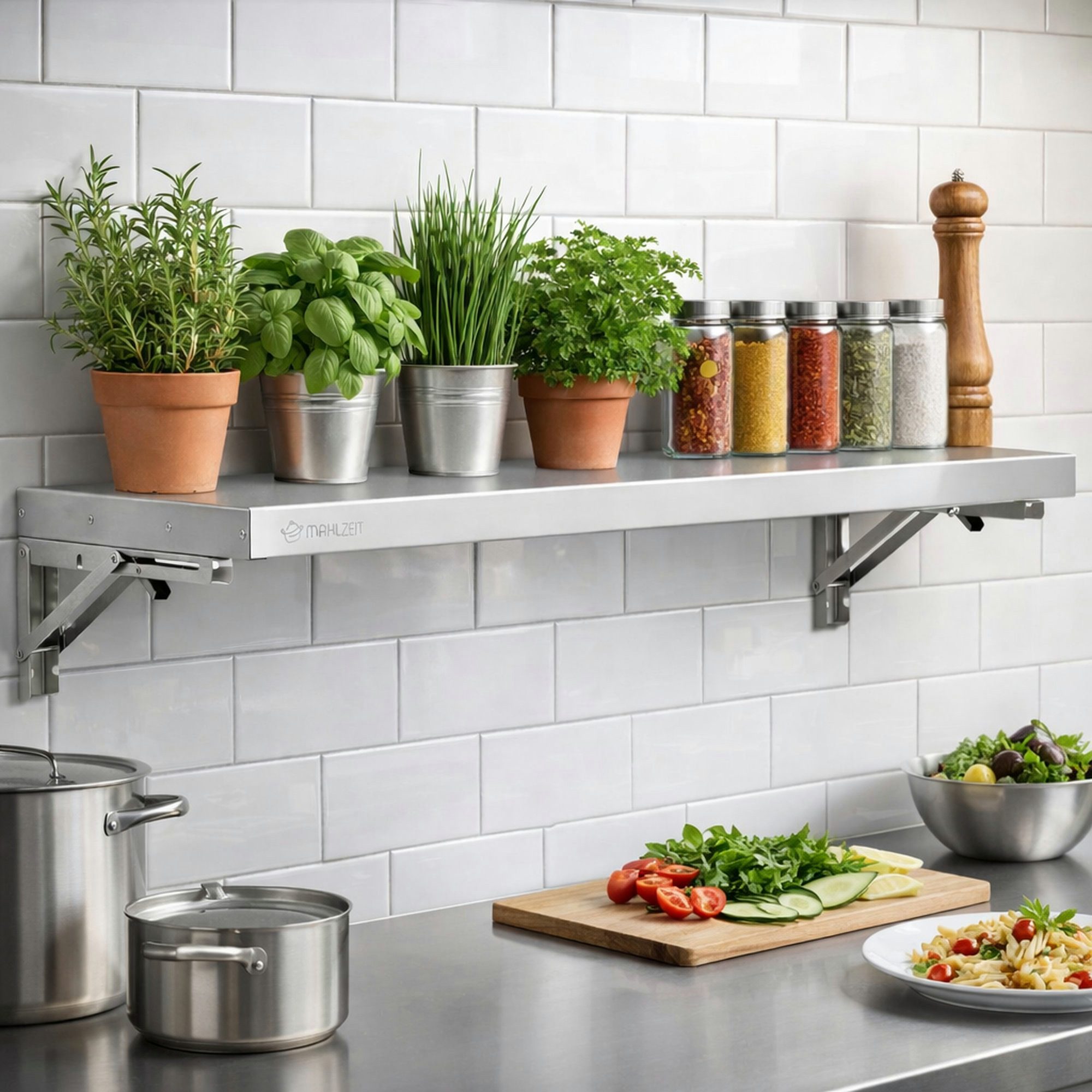 Mahlzeit Wandregal Edelstahl Wandregal, 120 x 30 cm, Küchenregal, Klappbar, Silber