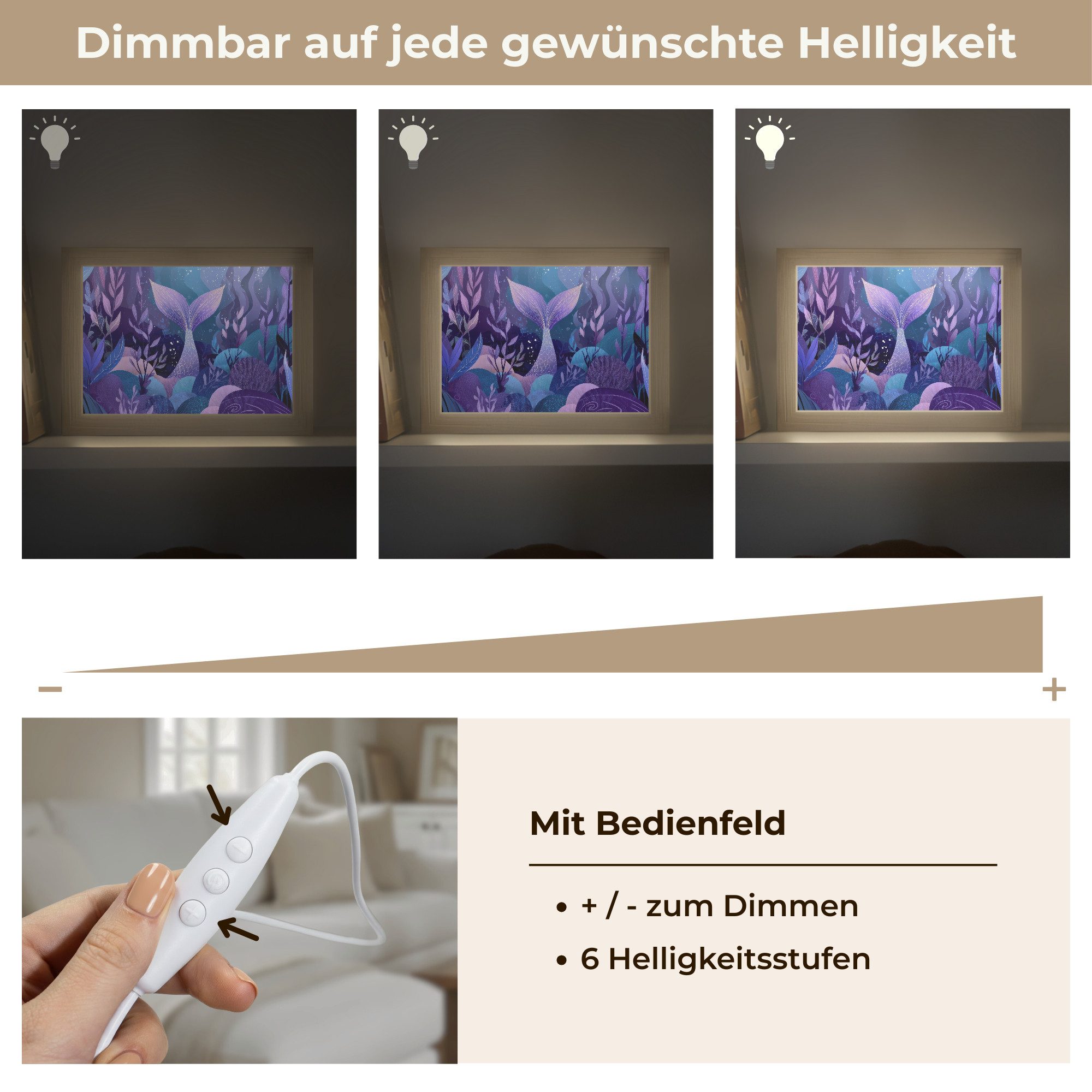 OnlyWow Wandleuchte Lightbox Meerjungfrauenschwanz - Unterwasserpflanzen - Lila - Blau - M, Dimmbar, Farbwechsel, LED, Warmweiß, Kaltweiß, Neutralweiß Einstellbar, Wandlampe Innen, Dimmbar, mit Kabel, LED, Modern, Kinder