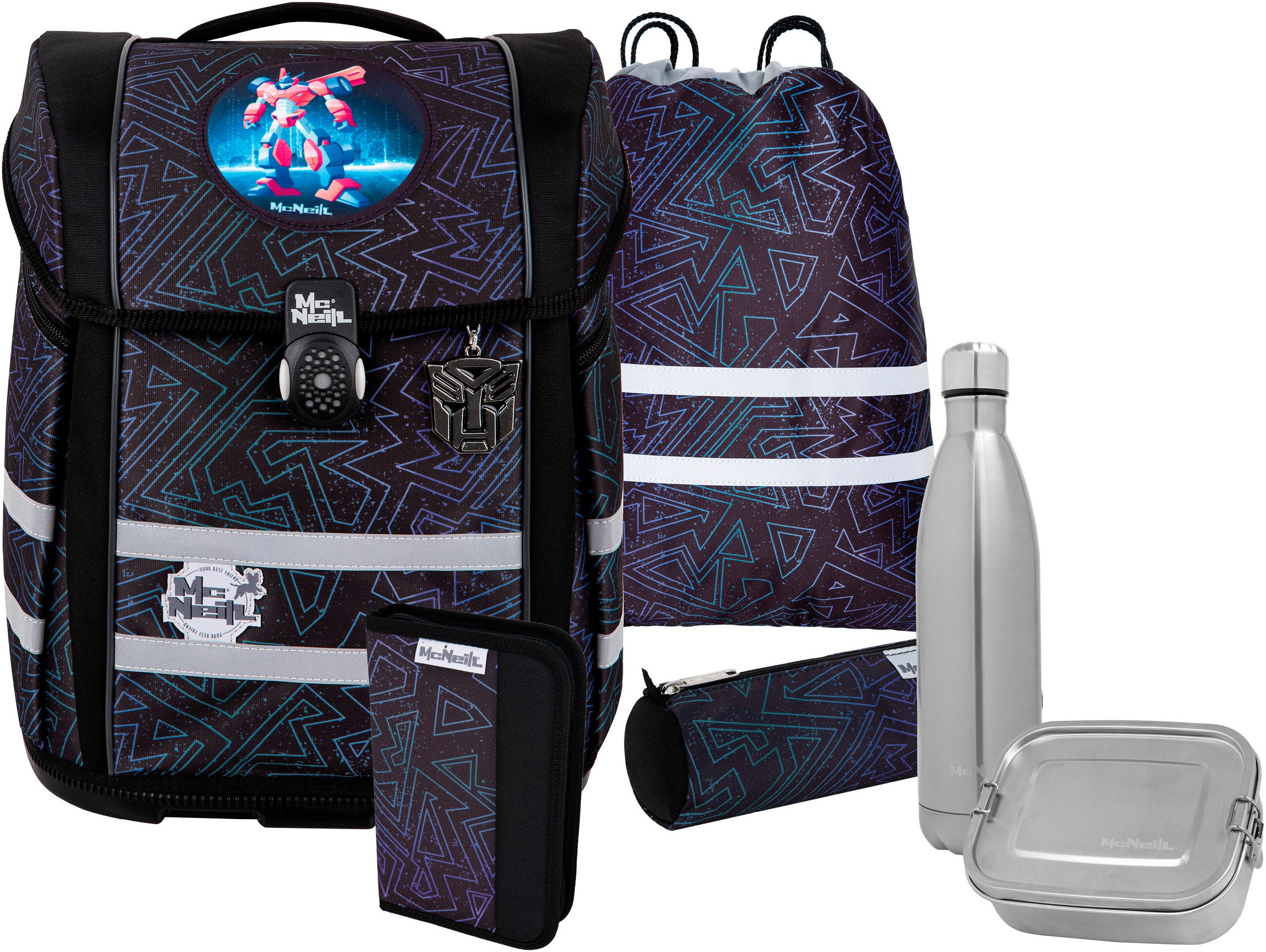 McNeill Ранцы Perfecto, Tron (Set, 5-tlg), inkl. Federmäppchen, Turnbeutel, Schlamperrolle & Motivmagnet