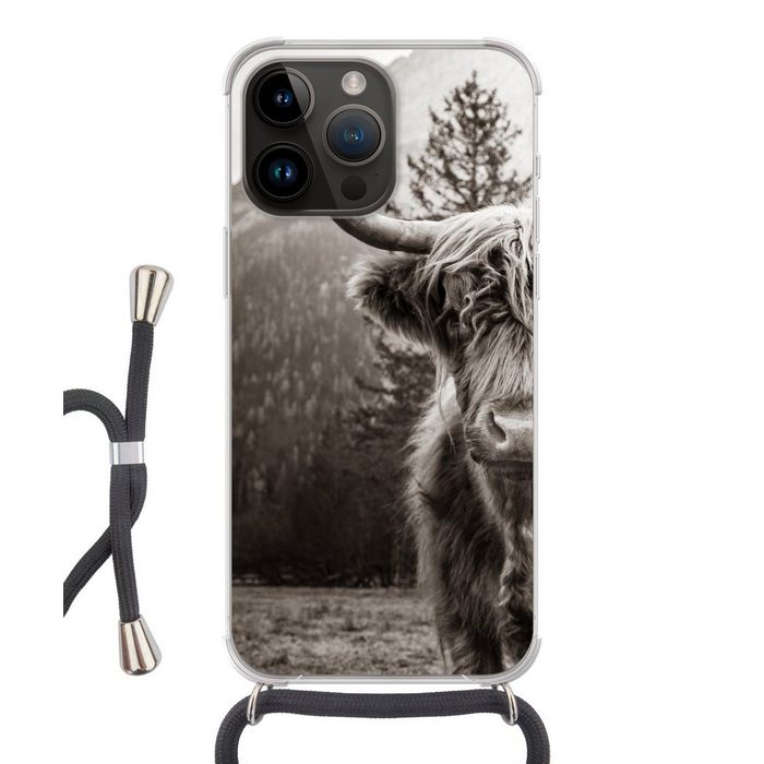 MuchoWow Handyhülle Scottish Highlander - Stier - Schwarz - Weiß Handyhülle Telefonhülle Apple iPhone 14 Pro