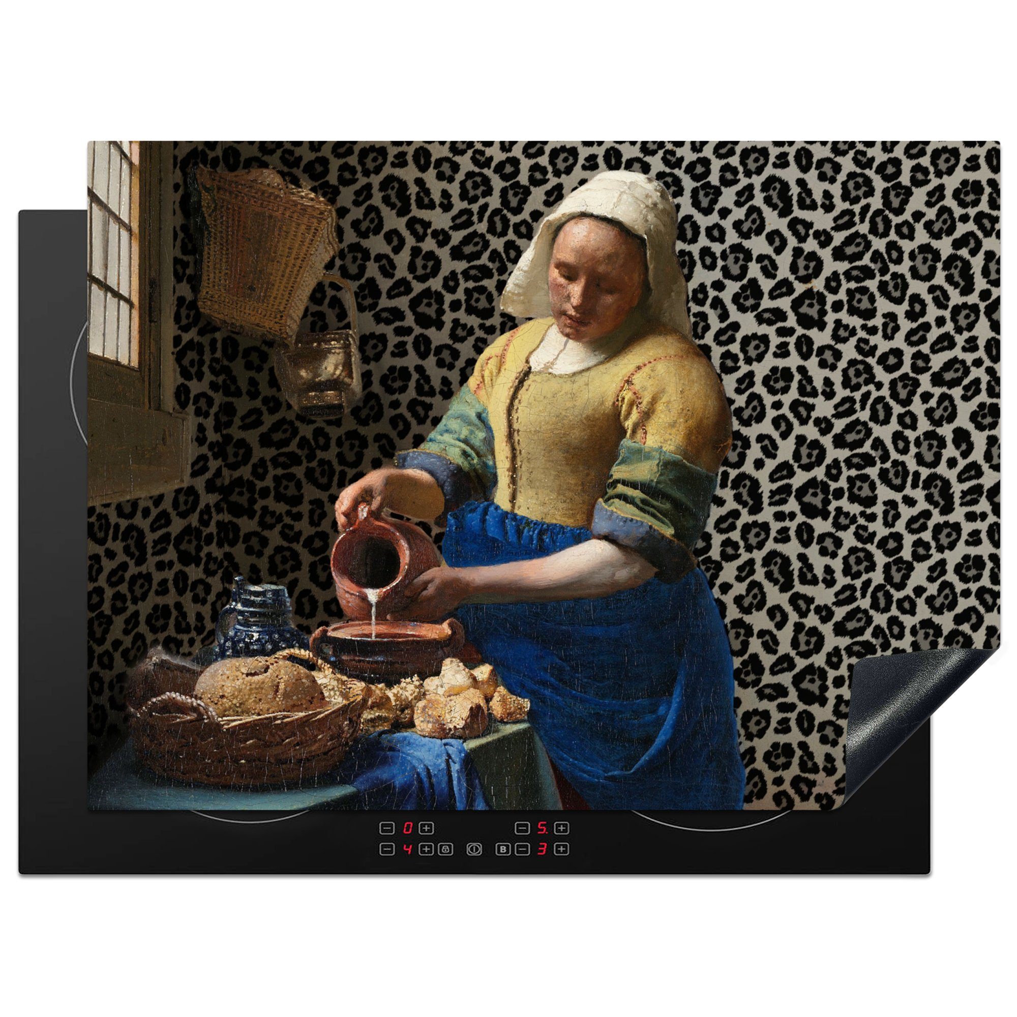 MuchoWow Herdblende-/Abdeckplatte Milchmädchen - Kunst - Pantherdruck - Vermeer - Gemälde - Alte Meister, Vinyl, (1 tlg), 71x52 cm, Induktionskochfeld Schutz für die küche, Ceranfeldabdeckung