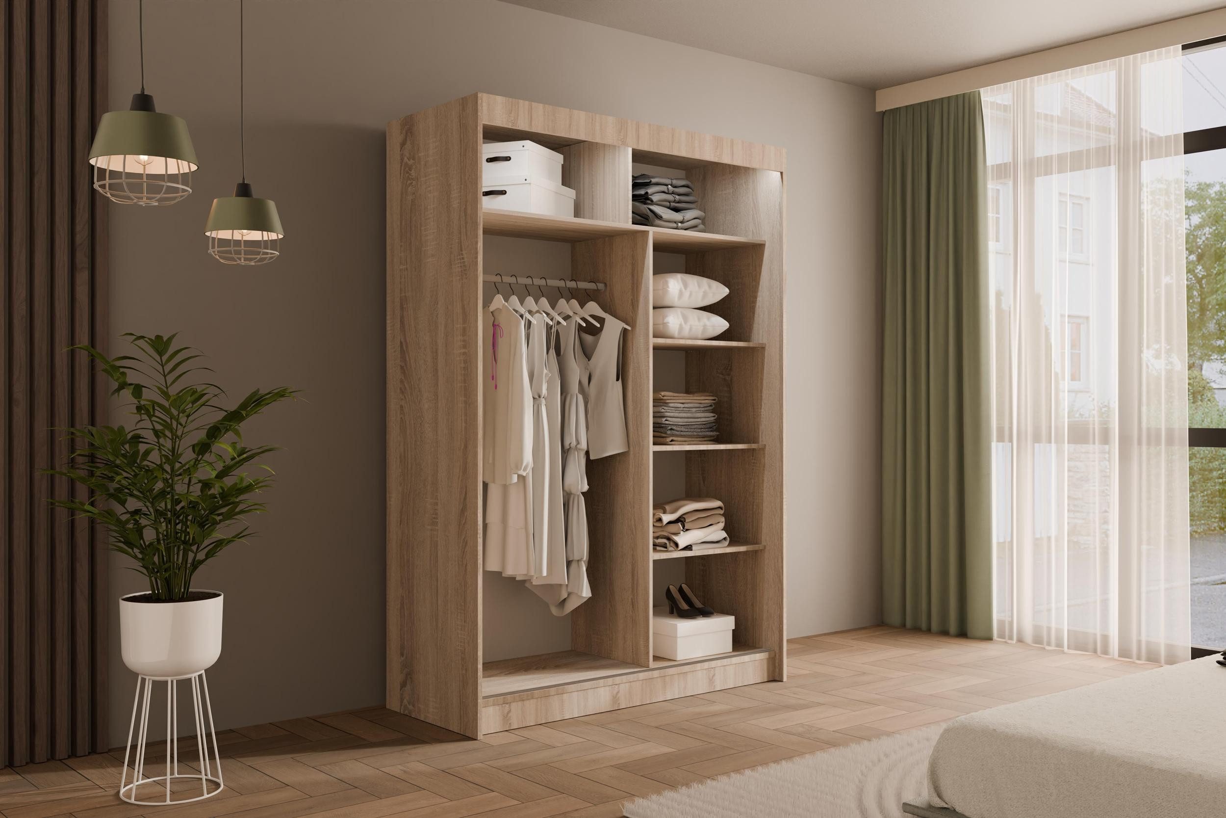 ALTDECOR Schiebetürenschrank VILANv2 (Kleiderschrank Garderobenschrank mit viel Stauraum Moderner Schrank) Vielseitiger Schwebetürenschrank Lamellen LED Beleuch – Bild 5 von 5