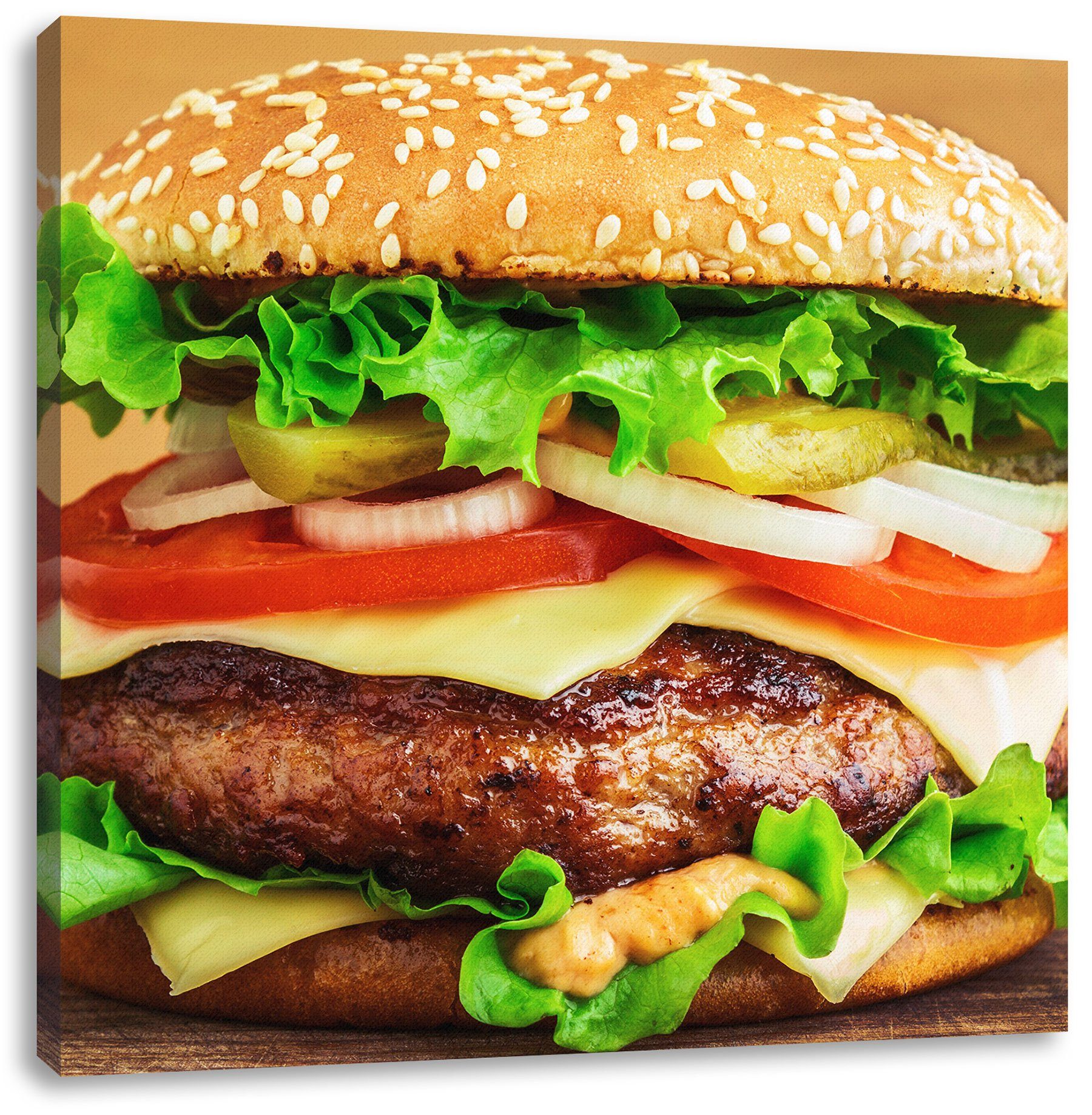 bespannt, Leinwandbild Pixxprint Köstlicher Köstlicher fertig inkl. Zackenaufhänger Holztisch Burger Leinwandbild St), Burger auf auf (1 Holztisch,