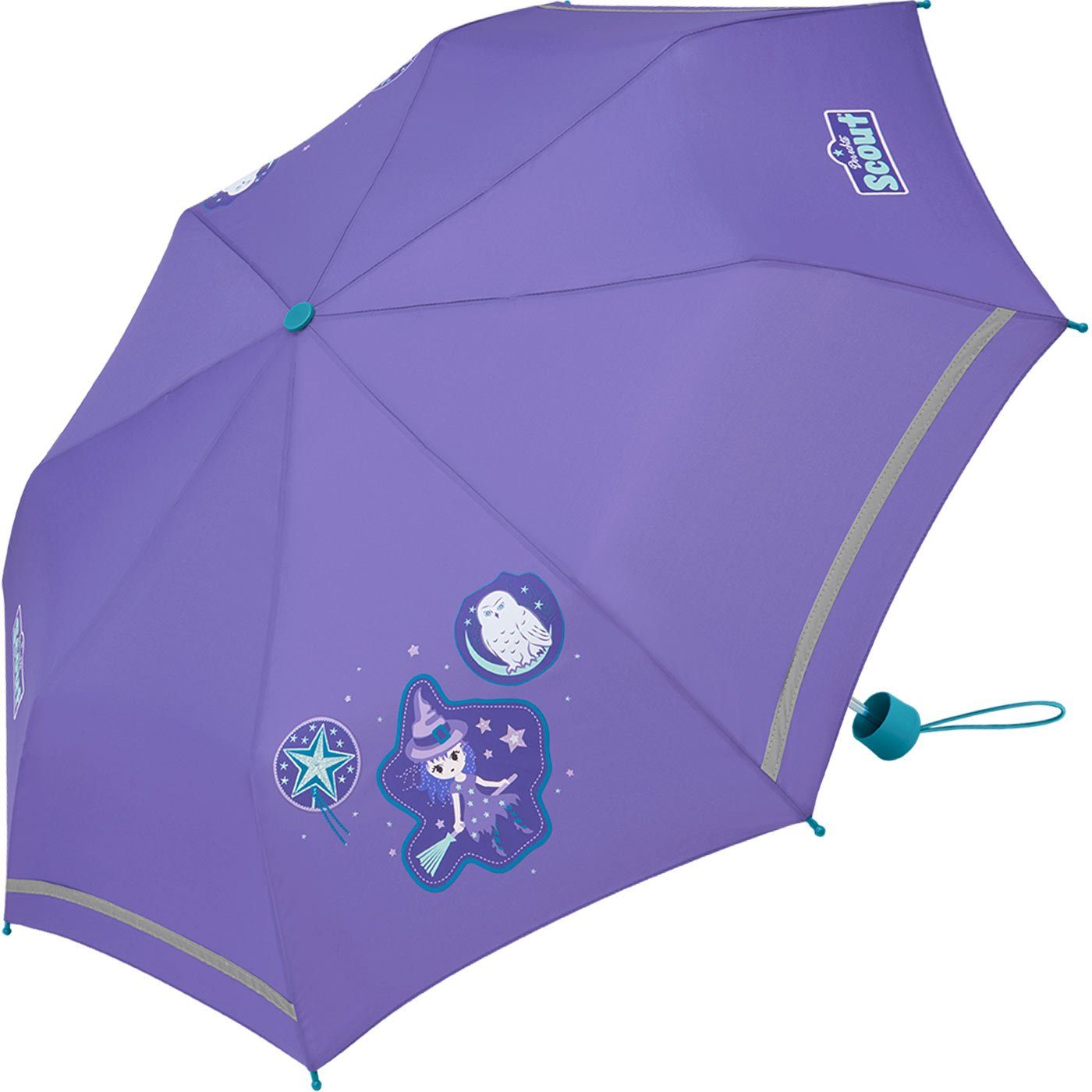 Scout Taschenregenschirm Purple Magic - Mini Kinderschirm, extra leicht für Kinder gemacht, reflektierend und bedruckt