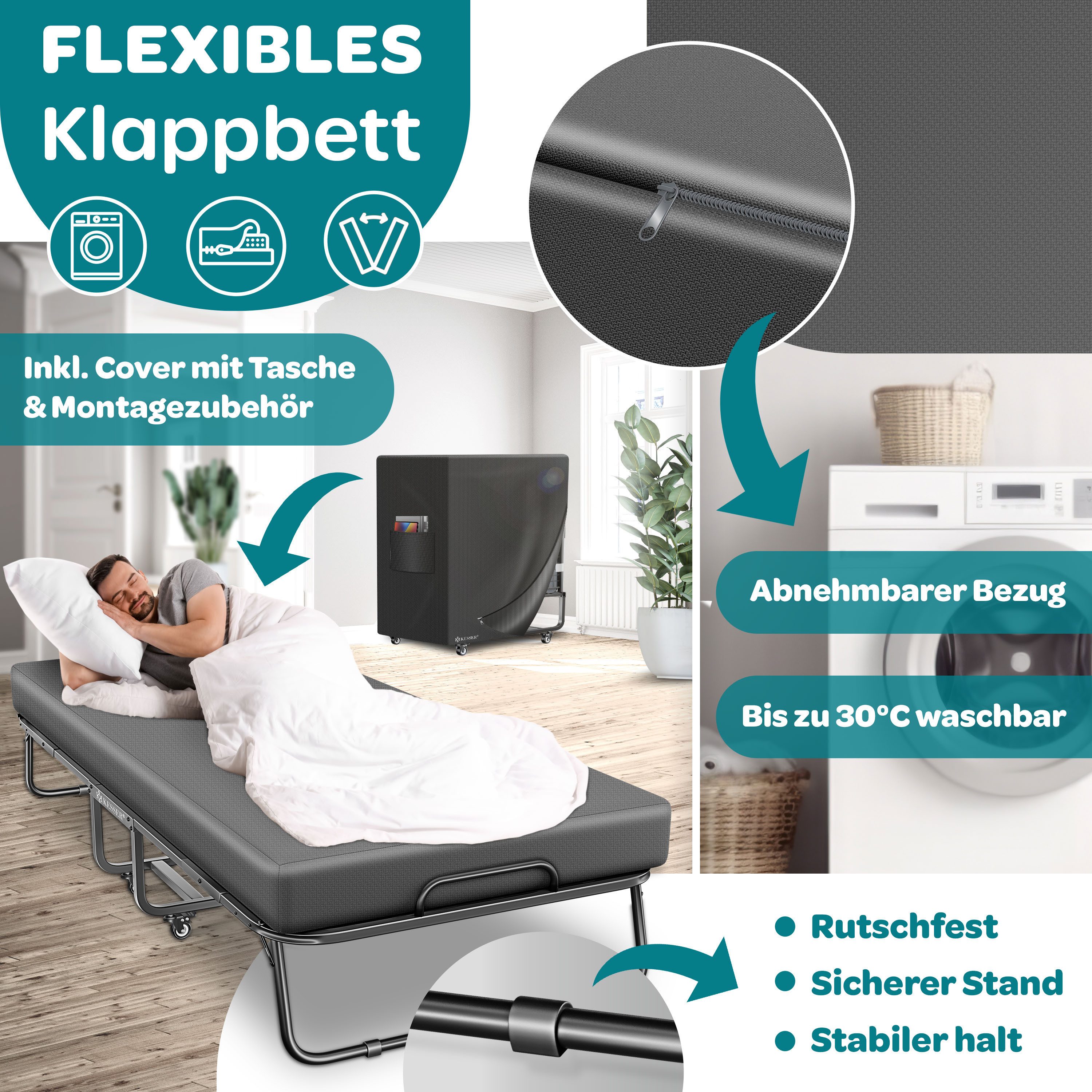 KESSER Gästebett 200x90cm Klappbett faltbares Reisebett mit Metallrahmen für Erwachsene (Metall Bett inkl. Matratze aus Memory-Schaum, Räder & Schutzhülle) Mobiles Bett belastbar bis 250kg mit abnehmbarem Bezug
