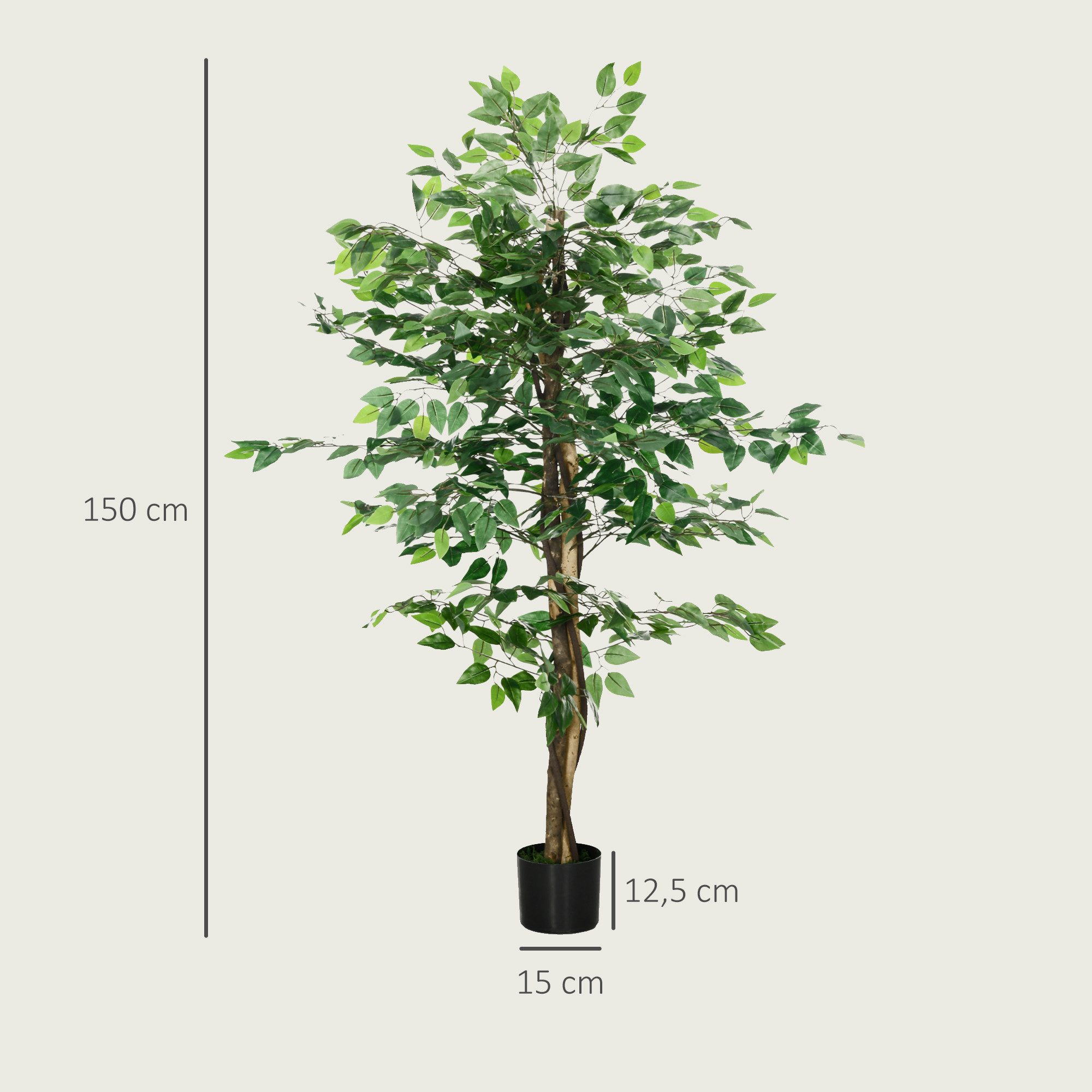 Kunstpflanze Künstliche Pflanzen, Kunstbaum wie echt, Wohnzimmer, Schlafzimmer Ficus, HOMCOM, Höhe 150 cm, Kuststoff, Grün – Bild 3 von 5