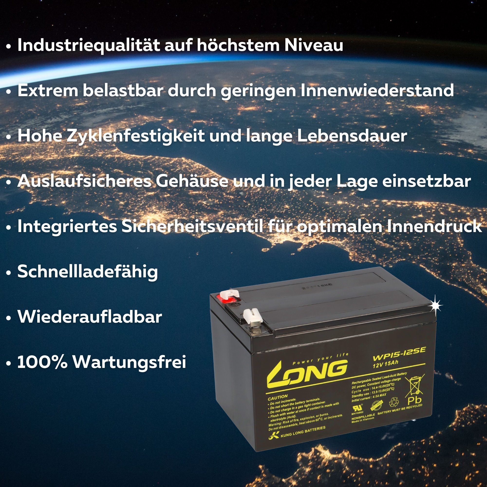 Kung Long Kung Long Akku 12V 15Ah WP15-12SE Batterie AGM zyklenfest Elektromobil-Akku