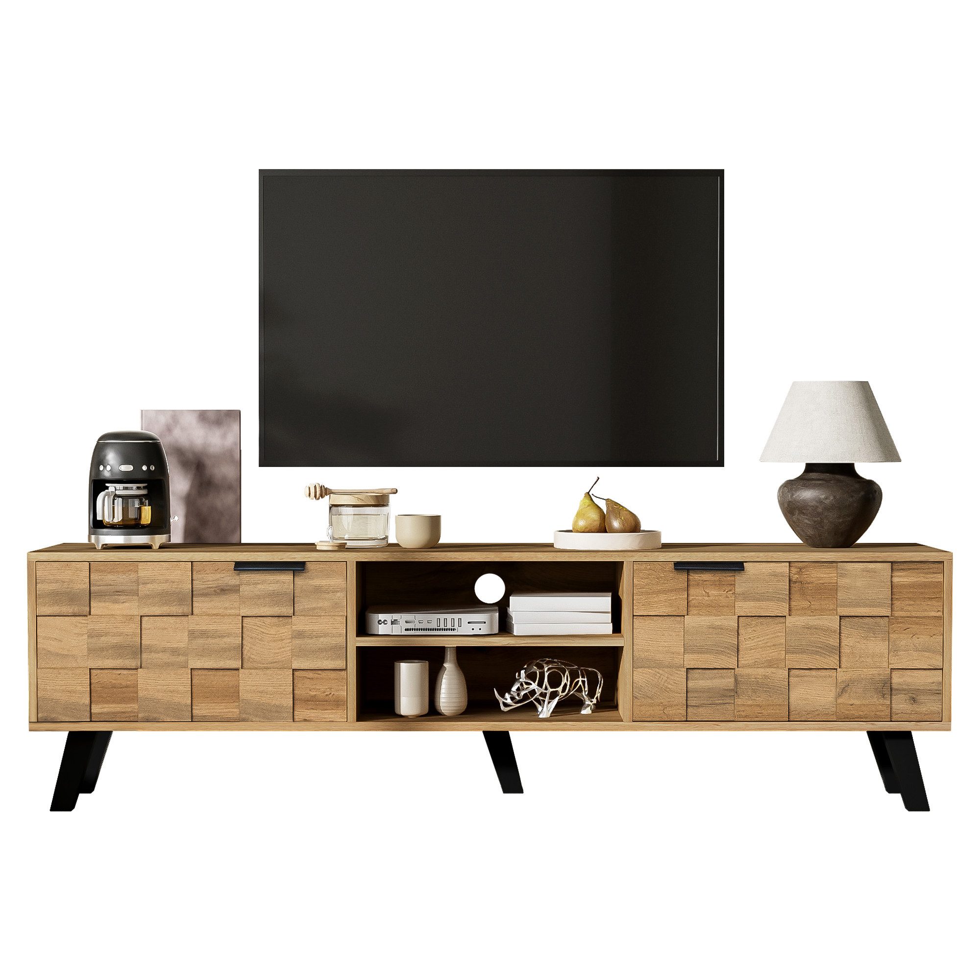 Odikalo TV-Schrank Moderner TV Möbel 2 Türen und 2 offenen Fächern–160,5 x 35,5 x 45 cm